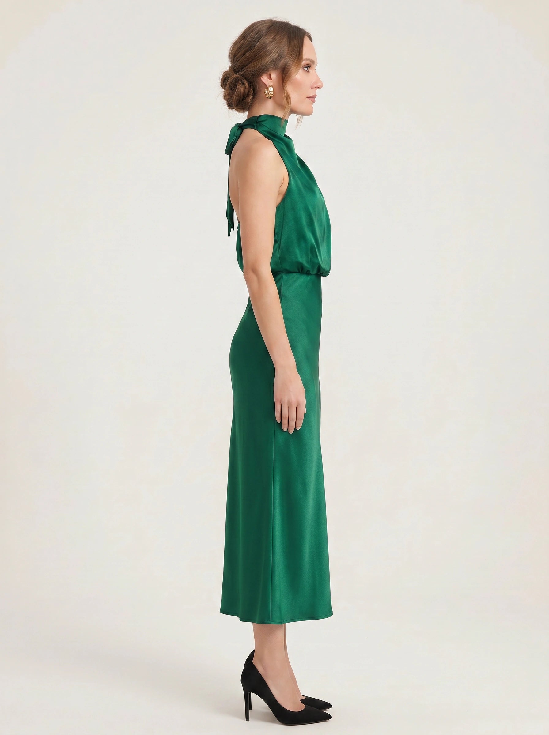 Collisse Halter Neck Midi Dress – Satin Draped Women Formal Cocktail Wedding Guest Summer Evening Midi Dress