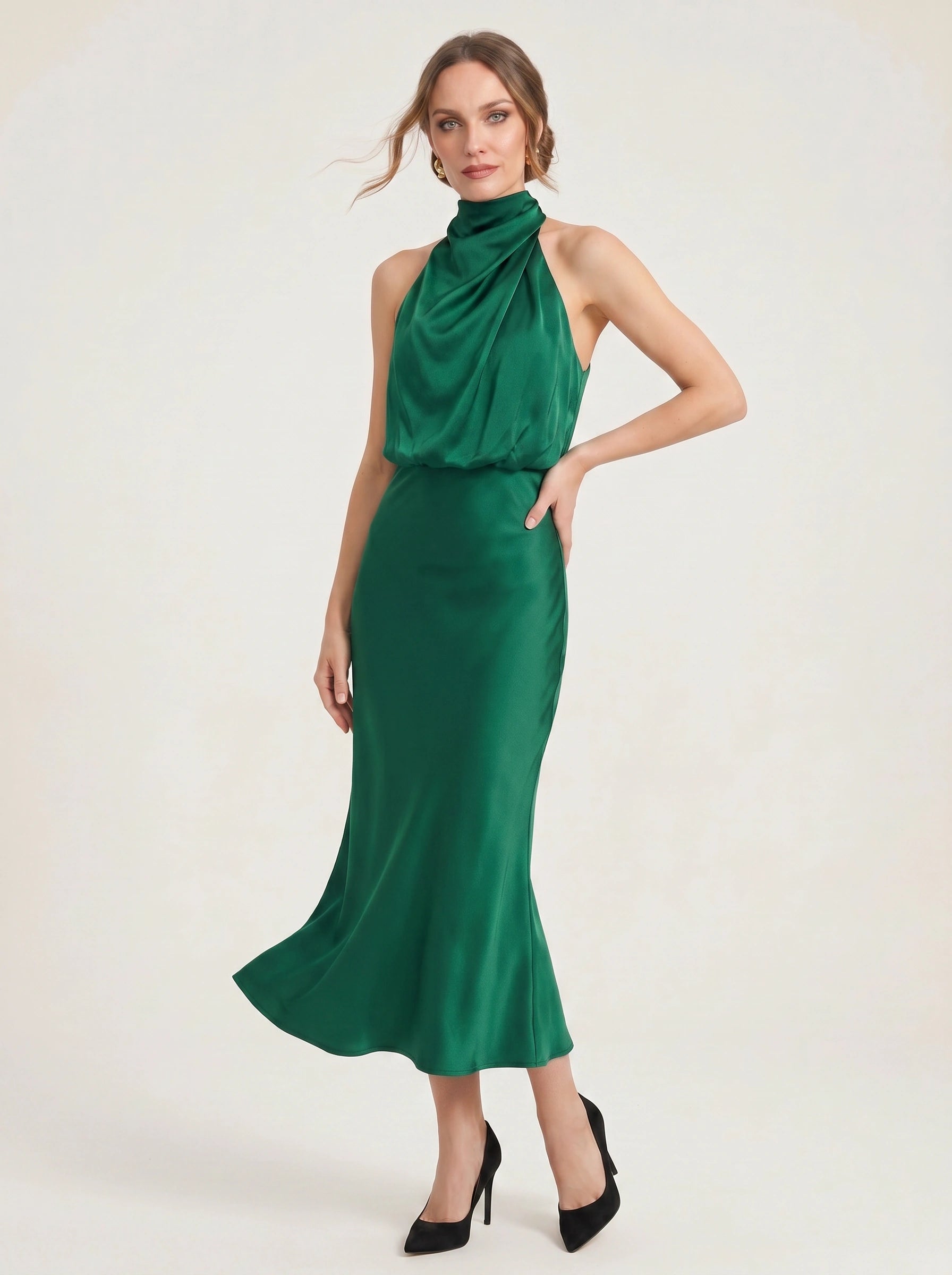 Collisse Halter Neck Midi Dress – Satin Draped Women Formal Cocktail Wedding Guest Summer Evening Midi Dress