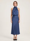 Collisse Halter Neck Midi Dress – Satin Draped Women Formal Cocktail Wedding Guest Summer Evening Midi Dress
