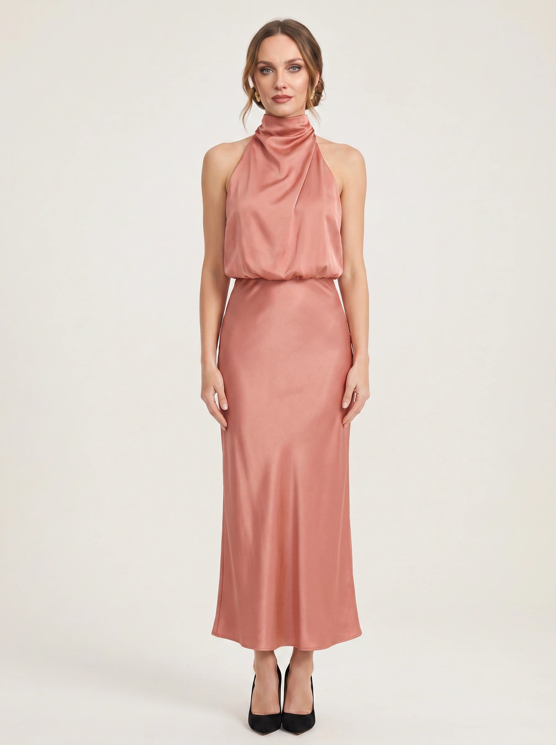 Collisse Halter Neck Midi Dress – Satin Draped Women Formal Cocktail Wedding Guest Summer Evening Midi Dress