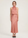 Collisse Halter Neck Midi Dress – Satin Draped Women Formal Cocktail Wedding Guest Summer Evening Midi Dress