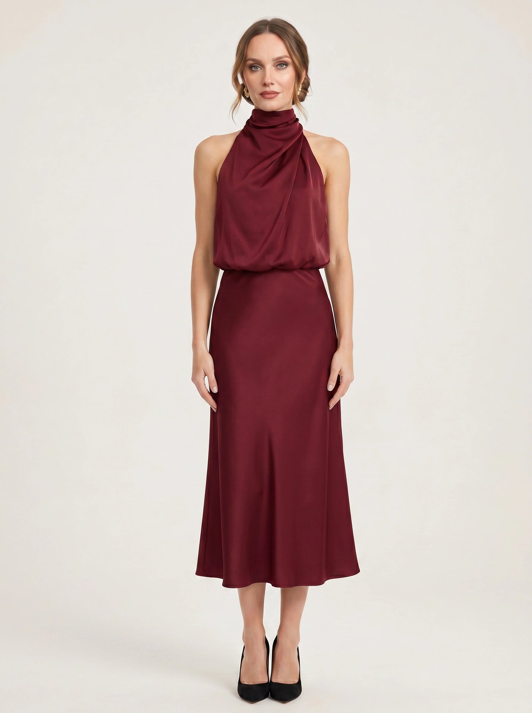 Collisse Halter Neck Midi Dress – Satin Draped Women Formal Cocktail Wedding Guest Summer Evening Midi Dress