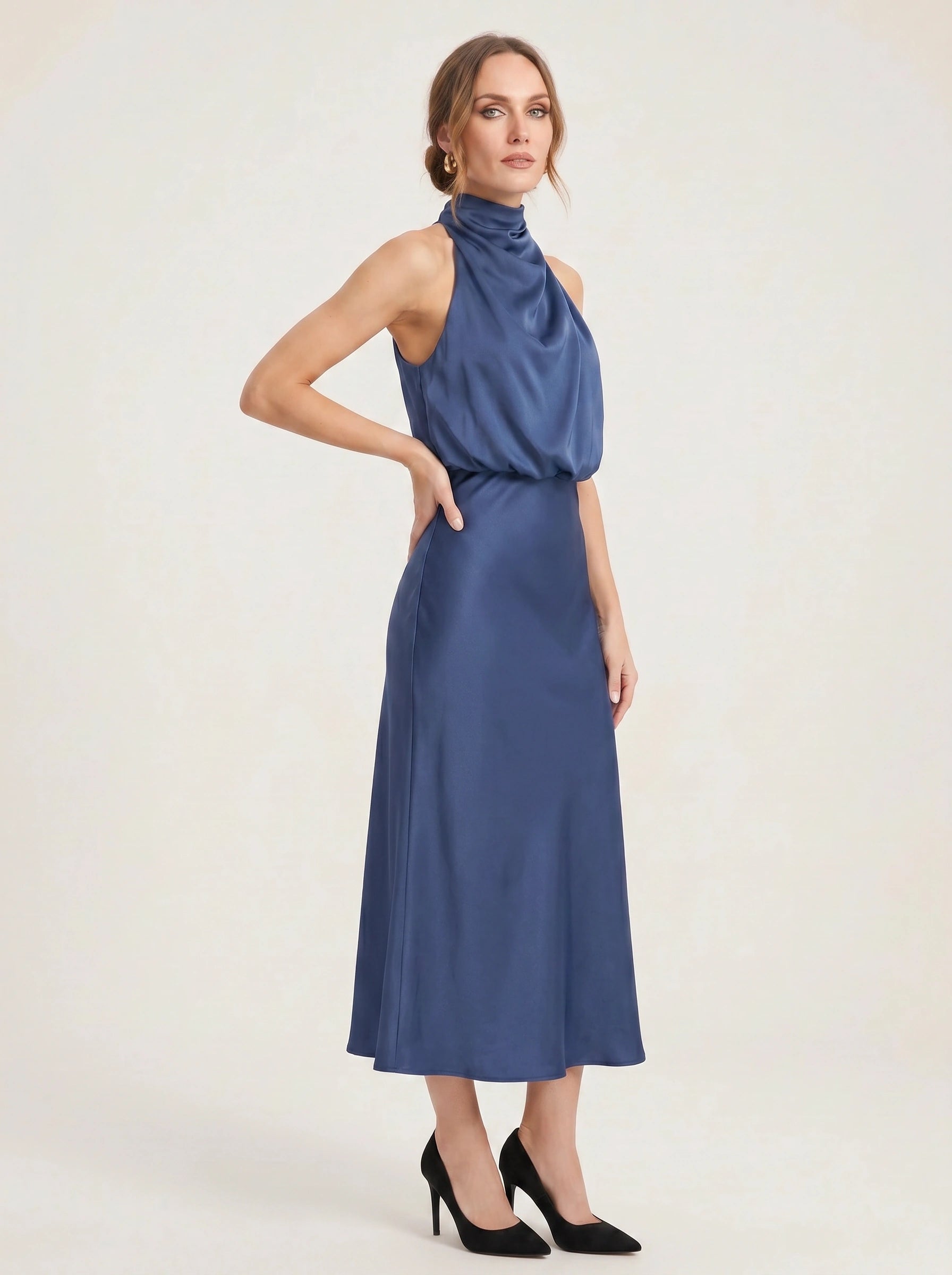 Collisse Halter Neck Midi Dress – Satin Draped Women Formal Cocktail Wedding Guest Summer Evening Midi Dress