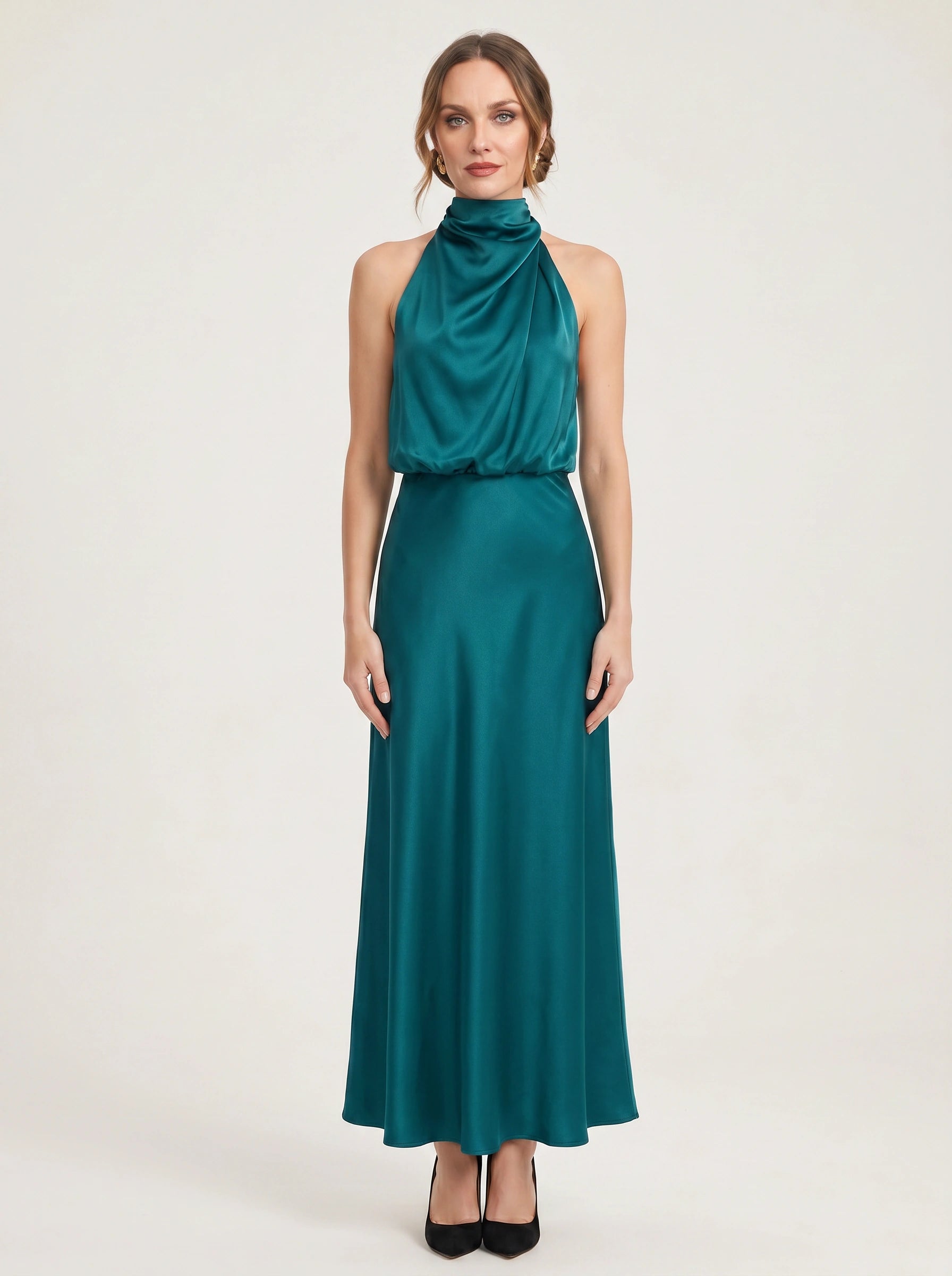Collisse Halter Neck Midi Dress – Satin Draped Women Formal Cocktail Wedding Guest Summer Evening Midi Dress