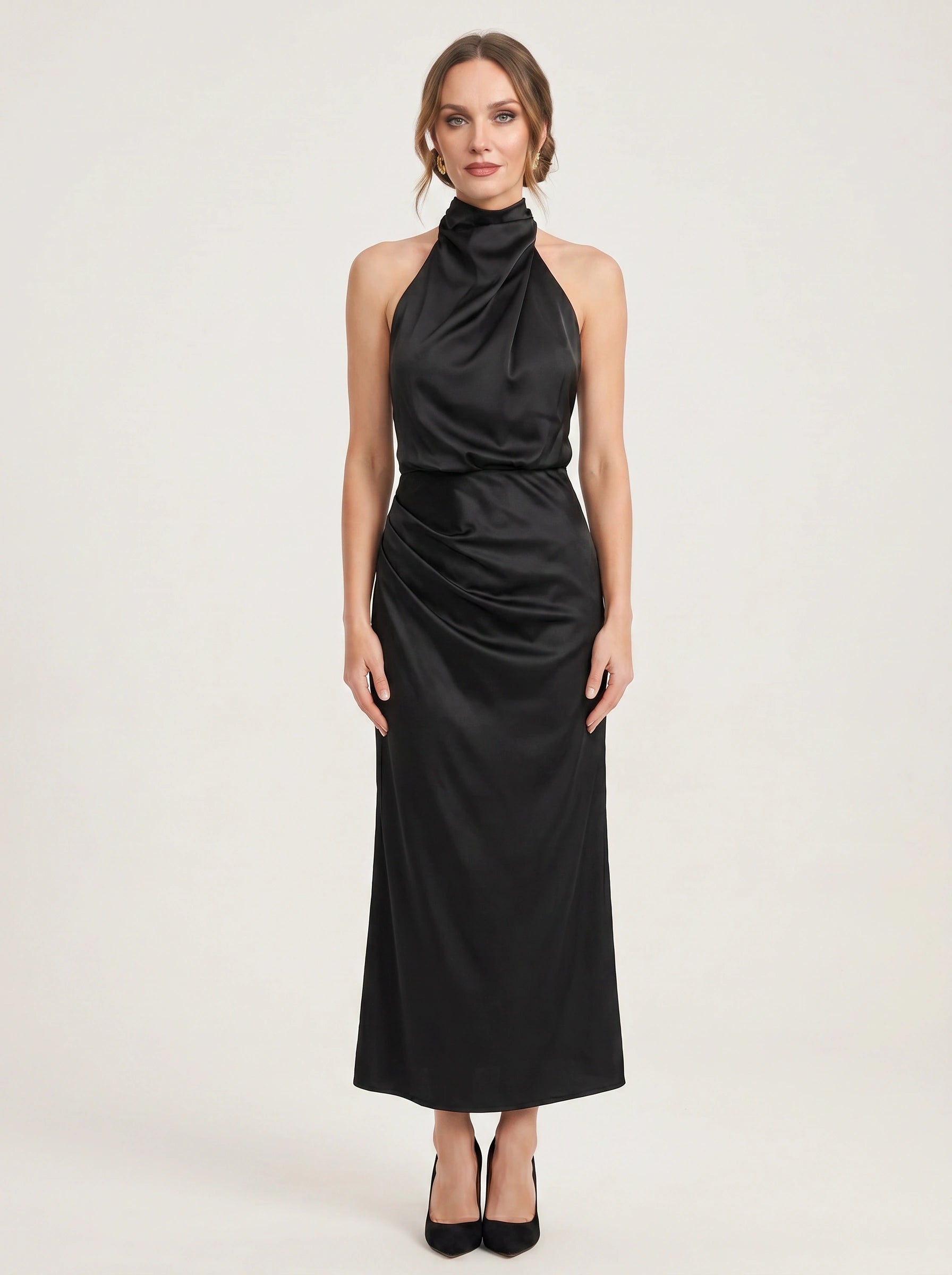 Collisse Halter Neck Midi Dress – Satin Draped Women Formal Cocktail Wedding Guest Summer Evening Midi Dress