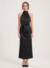 Collisse Halter Neck Midi Dress – Satin Draped Women Formal Cocktail Wedding Guest Summer Evening Midi Dress