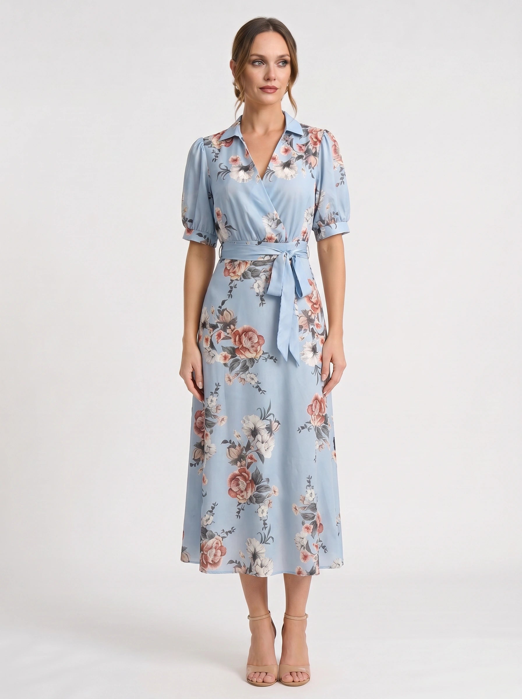 Fiorblu Puff-Sleeve Wrap Midi Dress – Blue Floral Women Formal Wedding Guest Summer Elegant Midi Dress