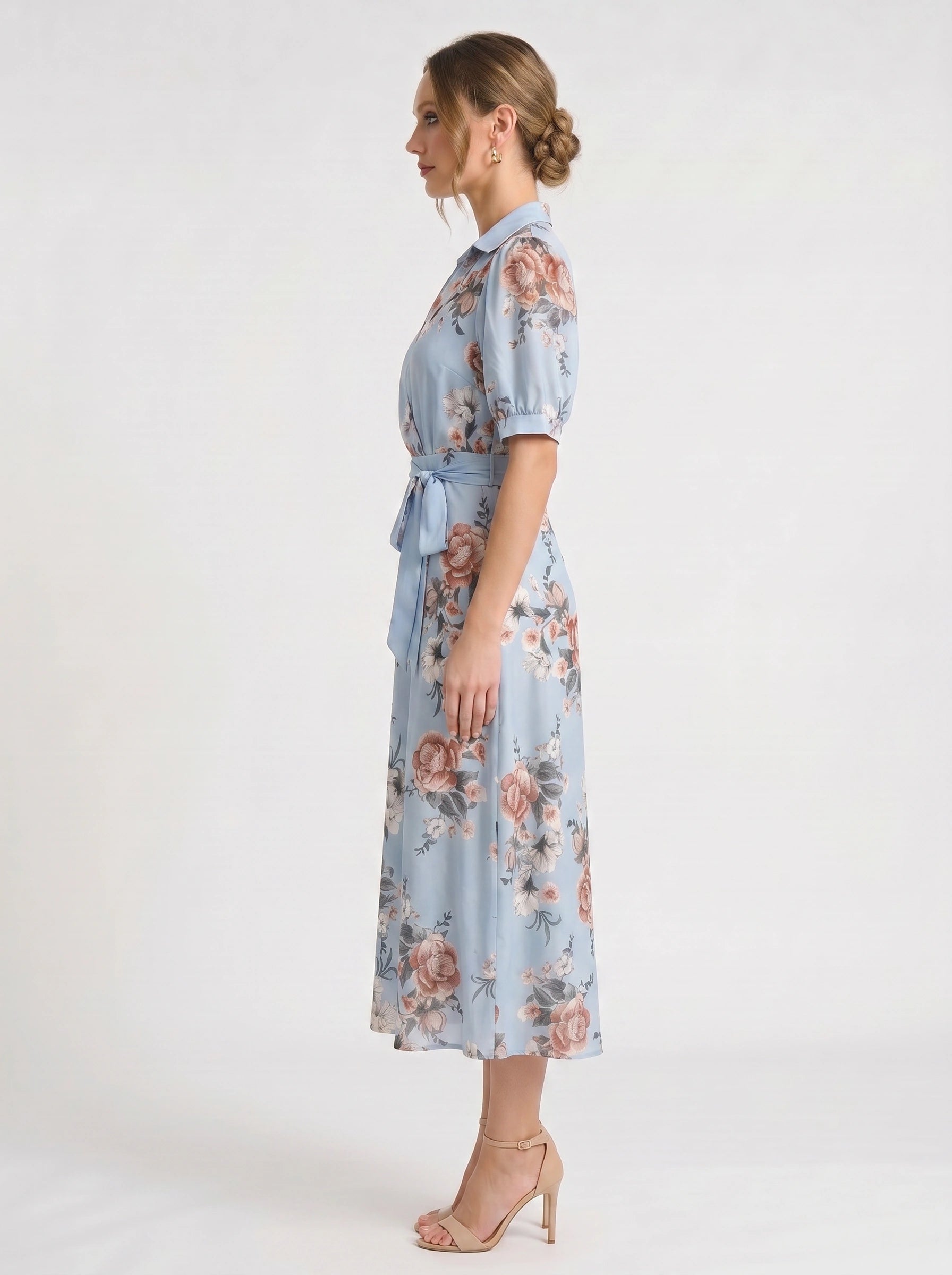 Fiorblu Puff-Sleeve Wrap Midi Dress – Blue Floral Women Formal Wedding Guest Summer Elegant Midi Dress