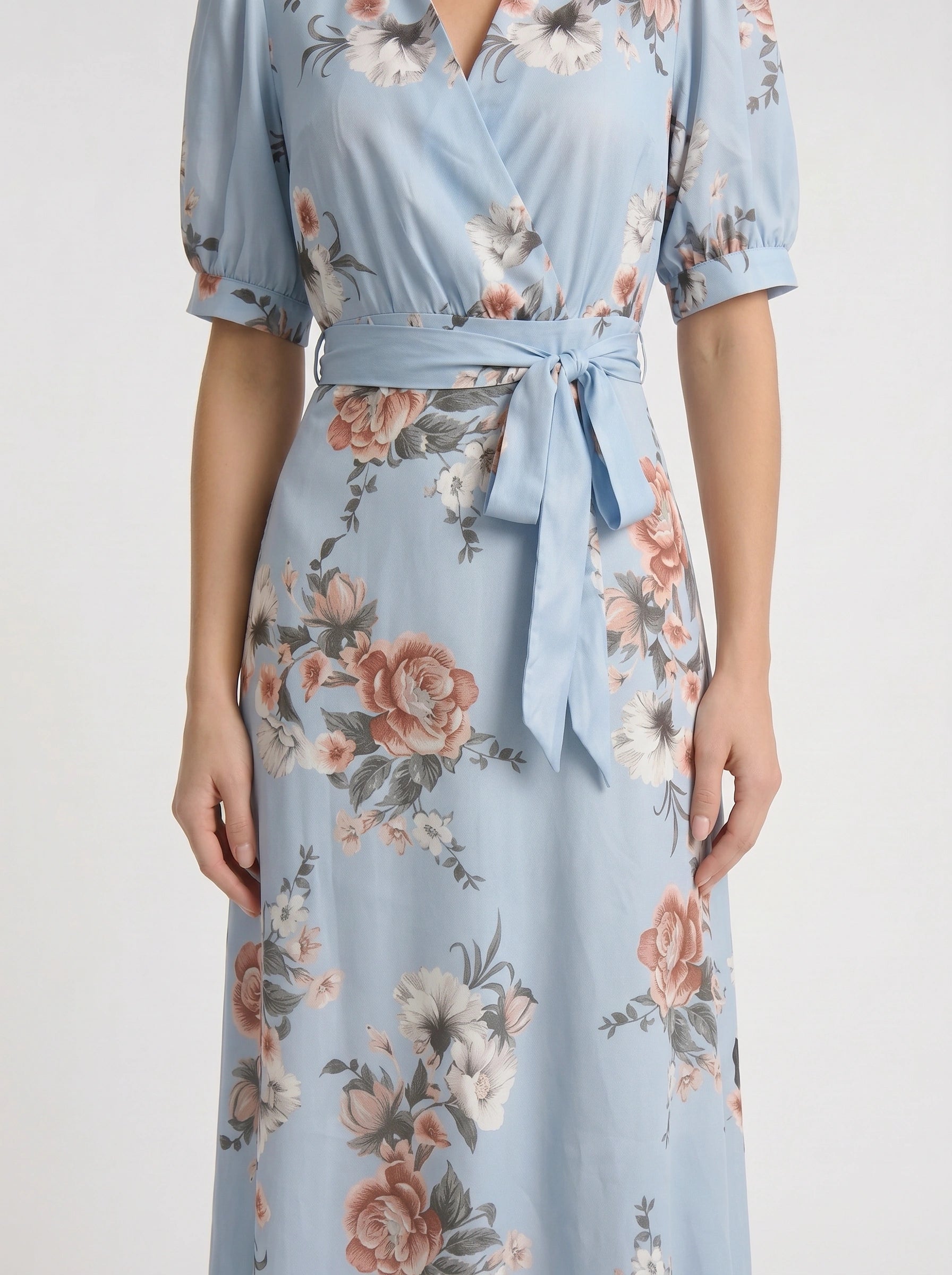 Fiorblu Puff-Sleeve Wrap Midi Dress – Blue Floral Women Formal Wedding Guest Summer Elegant Midi Dress