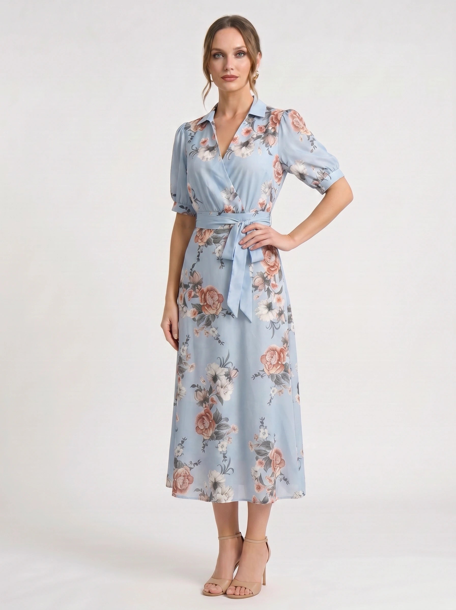 Fiorblu Puff-Sleeve Wrap Midi Dress – Blue Floral Women Formal Wedding Guest Summer Elegant Midi Dress