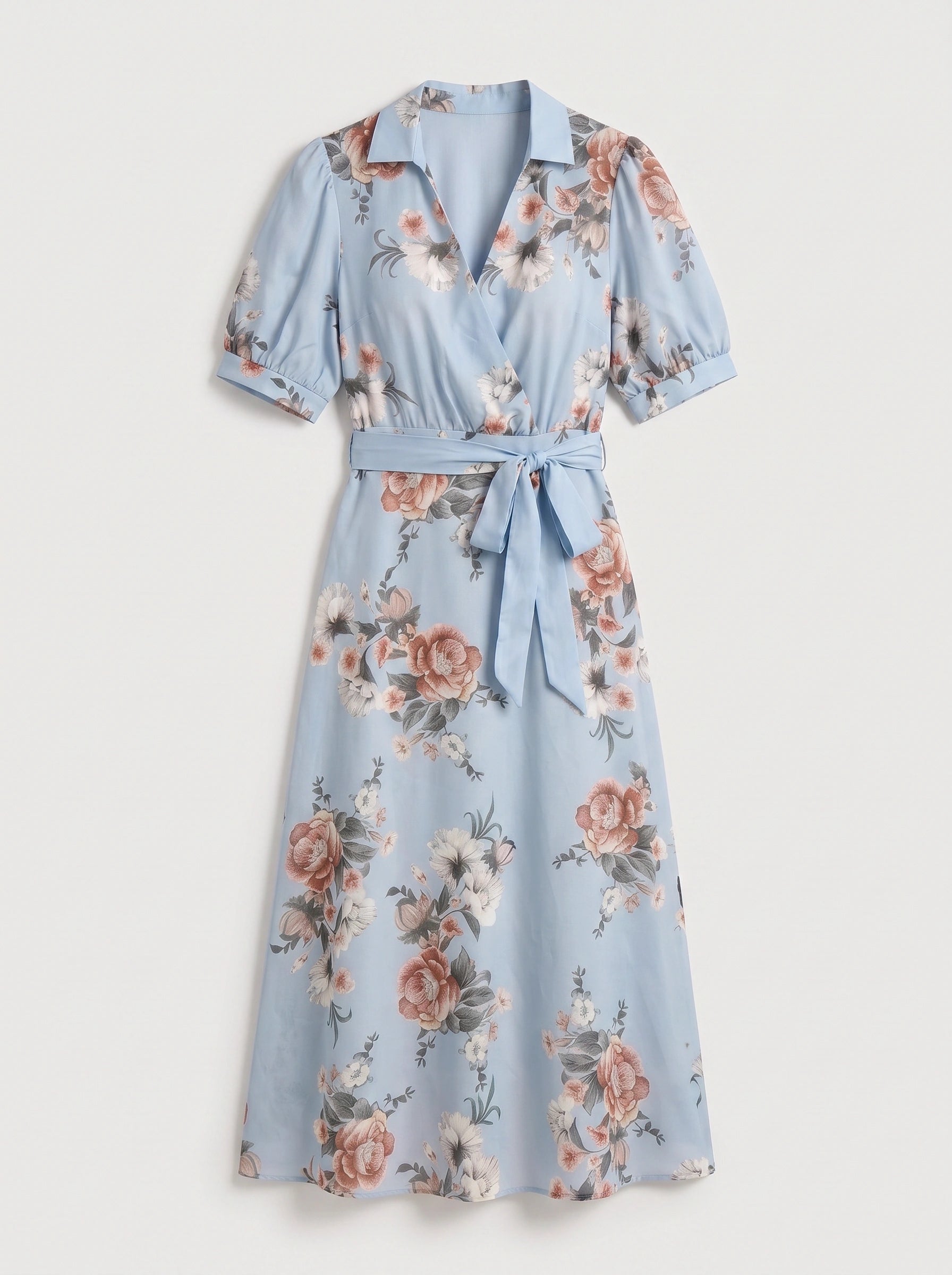 Fiorblu Puff-Sleeve Wrap Midi Dress – Blue Floral Women Formal Wedding Guest Summer Elegant Midi Dress