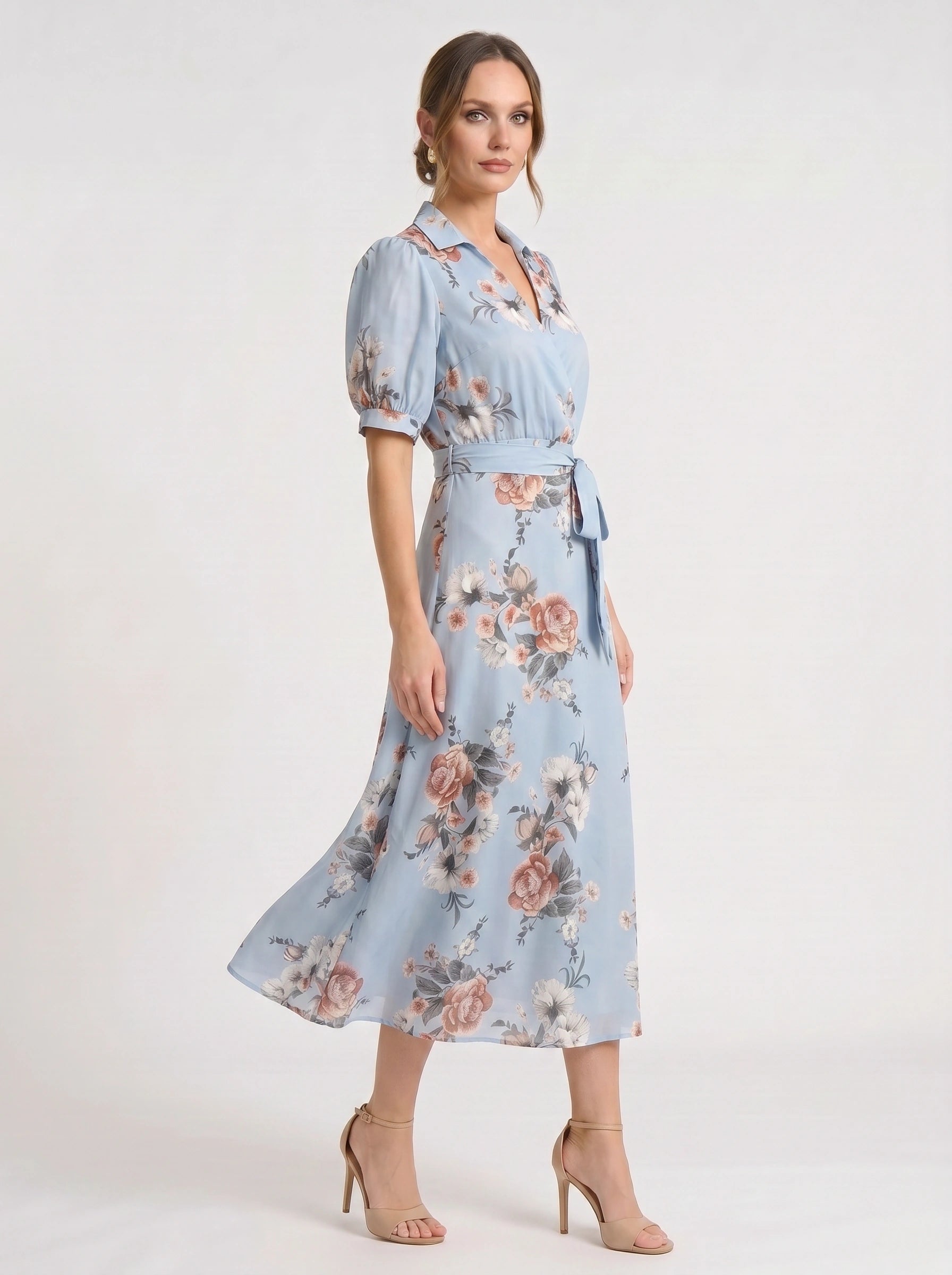Fiorblu Puff-Sleeve Wrap Midi Dress – Blue Floral Women Formal Wedding Guest Summer Elegant Midi Dress