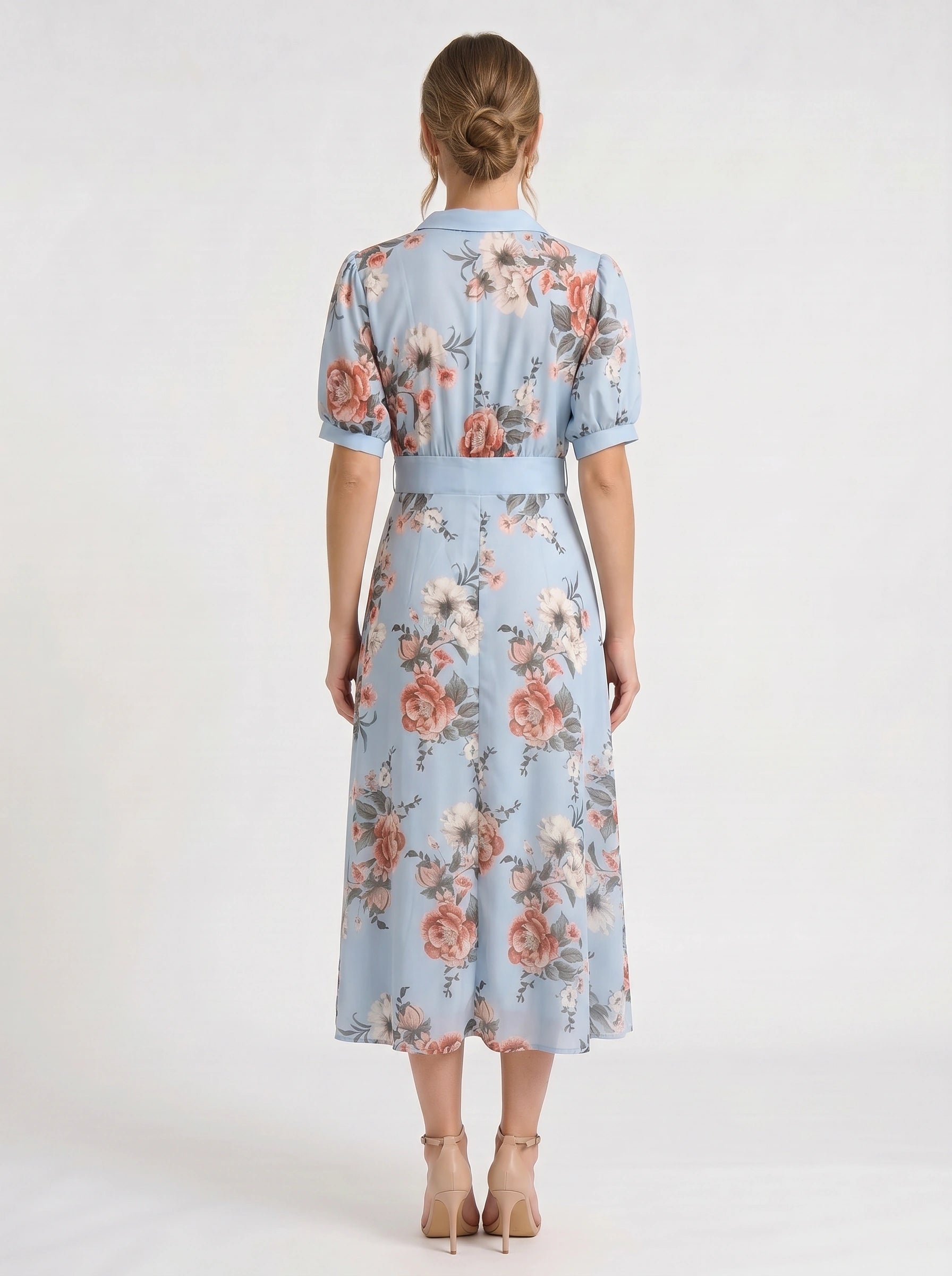 Fiorblu Puff-Sleeve Wrap Midi Dress – Blue Floral Women Formal Wedding Guest Summer Elegant Midi Dress
