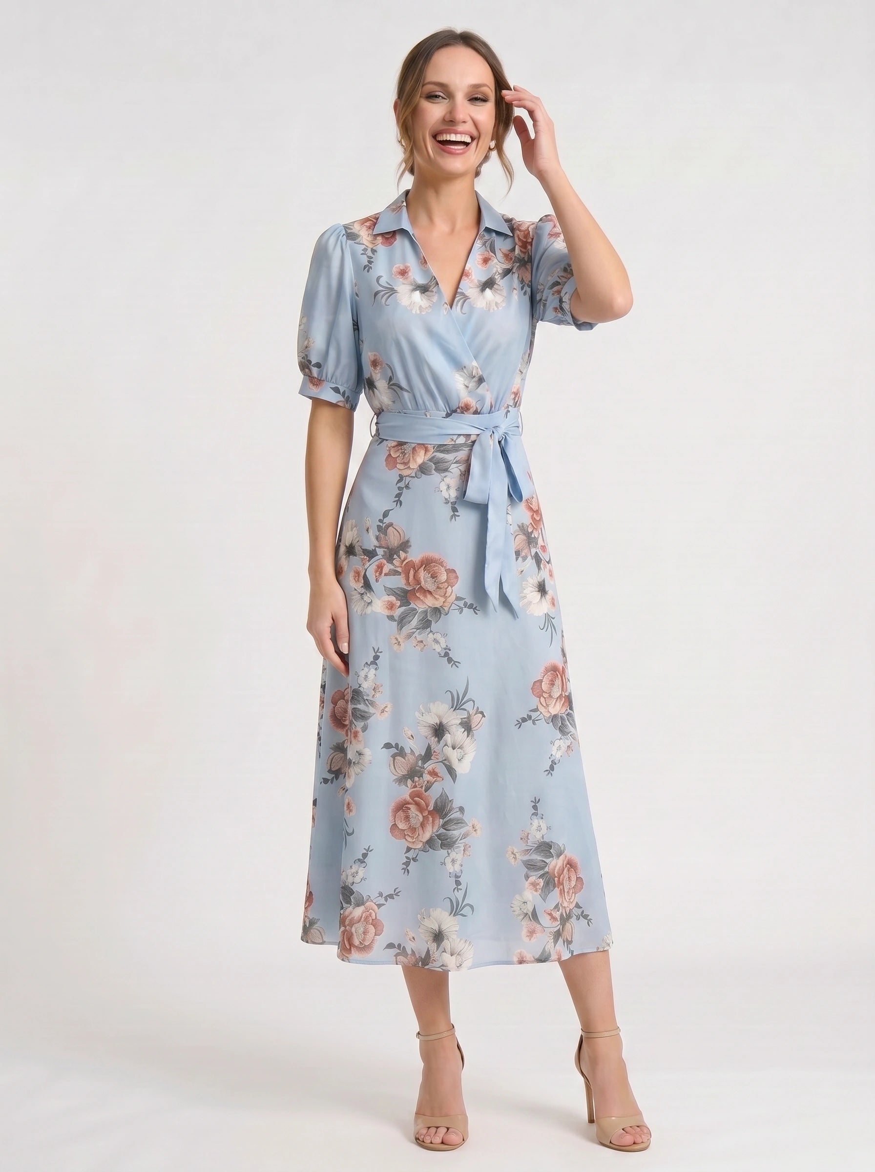 Fiorblu Puff-Sleeve Wrap Midi Dress – Blue Floral Women Formal Wedding Guest Summer Elegant Midi Dress