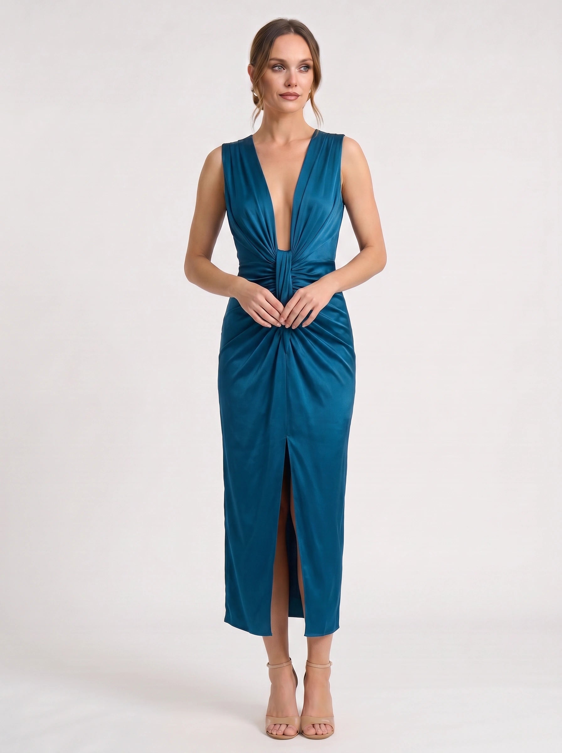 Rayne Plunge Neck Ruched Midi Dress – Teal Blue Cocktail Dresses Women Formal Wedding Guest Evening Midi Dress