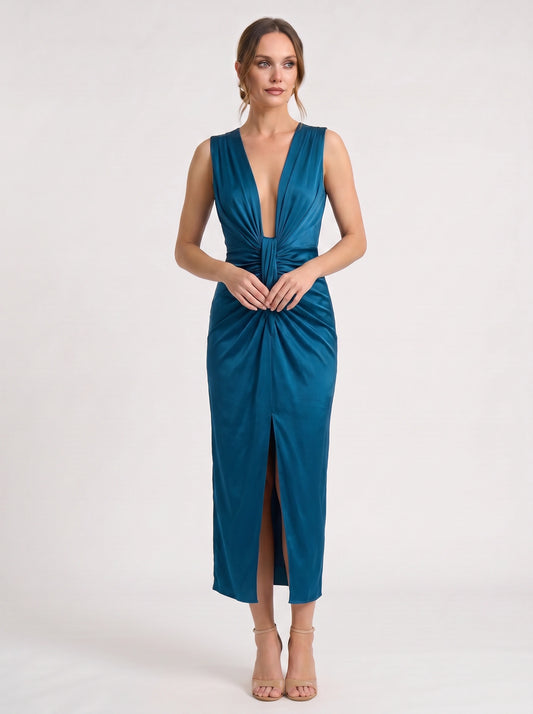 Rayne Plunge Neck Ruched Midi Dress – Teal Blue Cocktail Dresses Women Formal Wedding Guest Evening Midi Dress