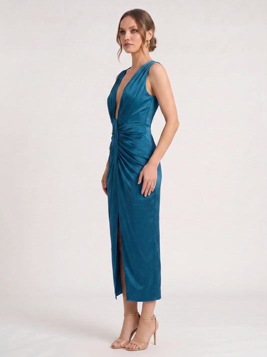 Rayne Plunge Neck Ruched Midi Dress – Teal Blue Cocktail Dresses Women Formal Wedding Guest Evening Midi Dress