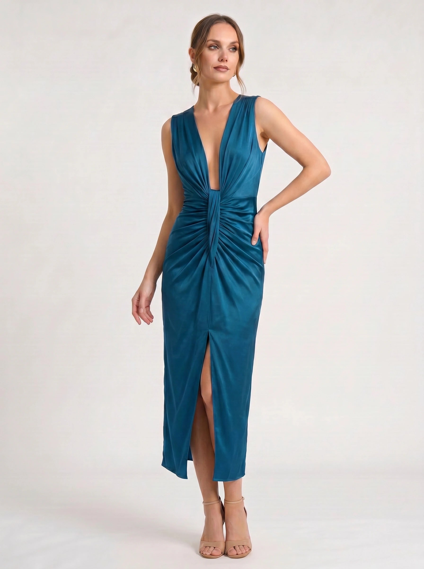 Rayne Plunge Neck Ruched Midi Dress – Teal Blue Cocktail Dresses Women Formal Wedding Guest Evening Midi Dress