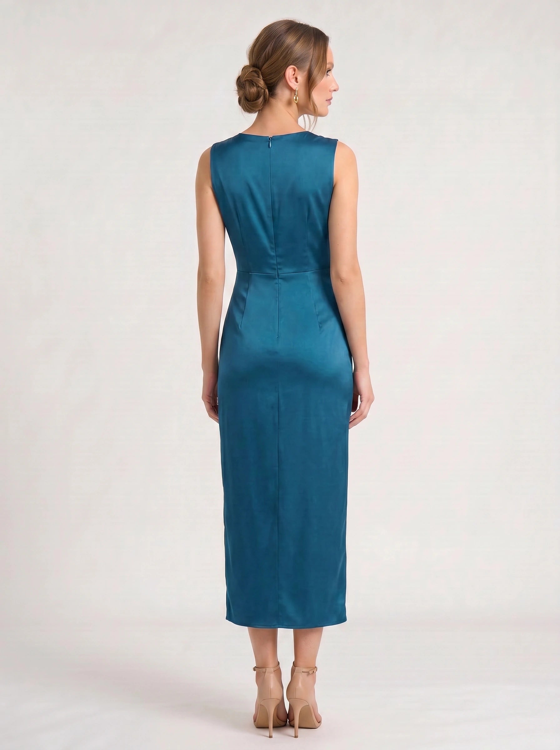 Rayne Plunge Neck Ruched Midi Dress – Teal Blue Cocktail Dresses Women Formal Wedding Guest Evening Midi Dress