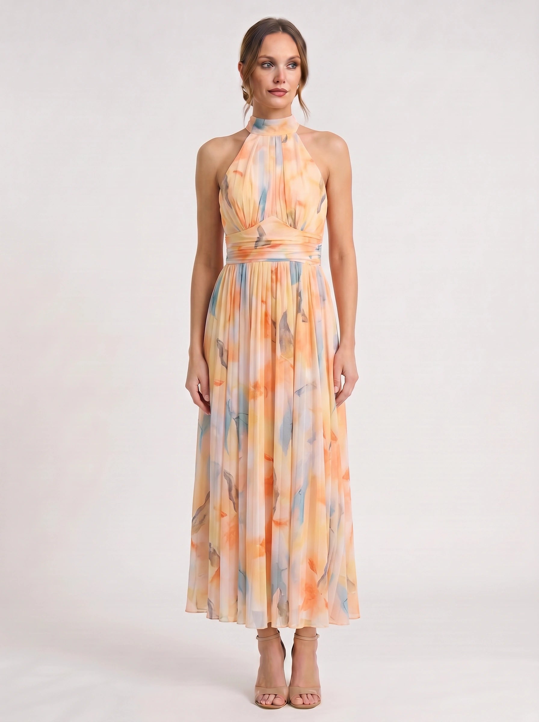 Cielis Halter Plunge Maxi Dress – Pastel Watercolor Multicolor Halter Women Summer Wedding Guest Maxi Dress