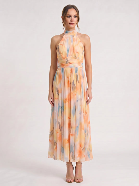 Cielis Halter Plunge Maxi Dress – Pastel Watercolor Multicolor Halter Women Summer Wedding Guest Maxi Dress