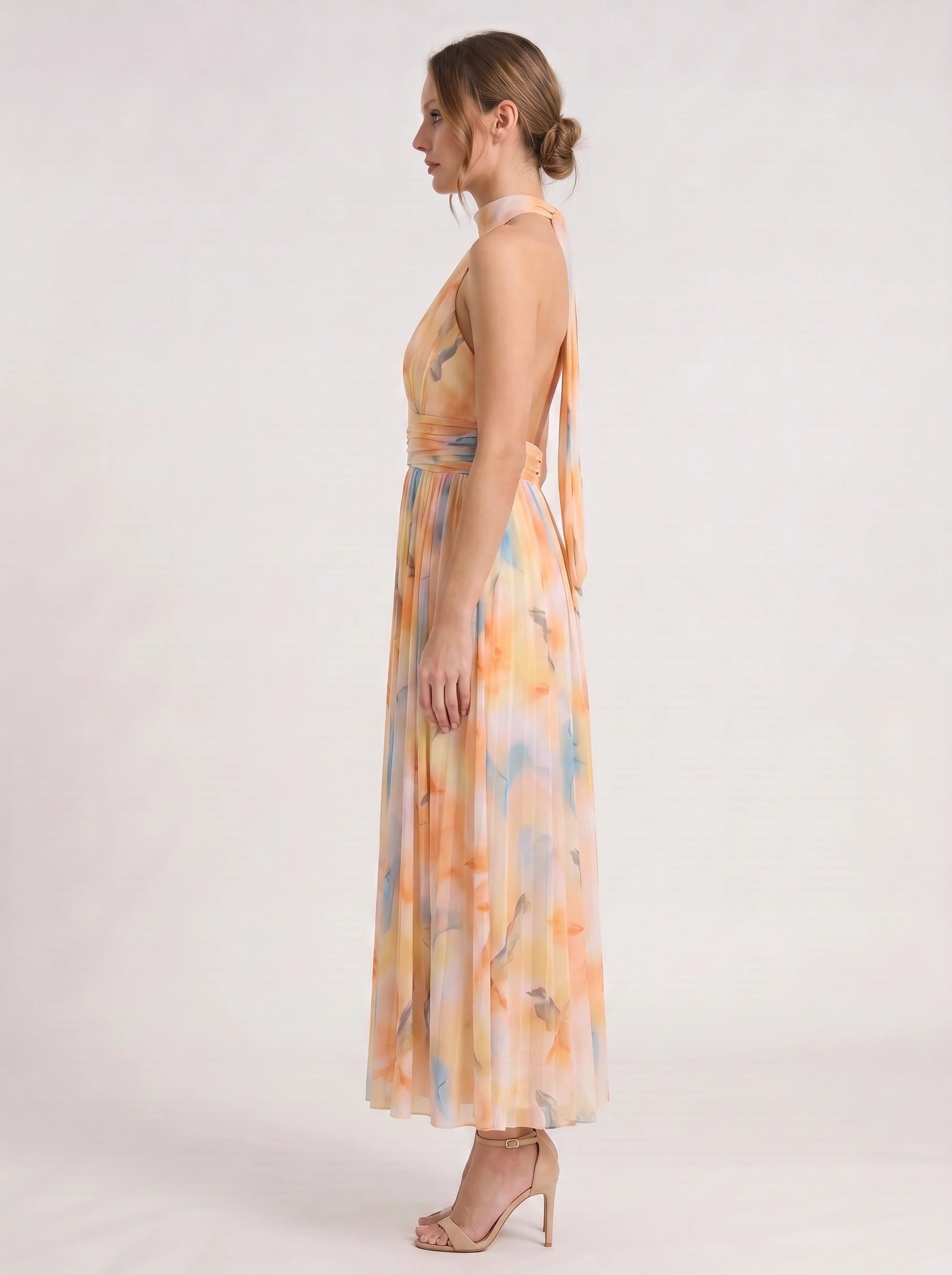Cielis Halter Plunge Maxi Dress – Pastel Watercolor Multicolor Halter Women Summer Wedding Guest Maxi Dress