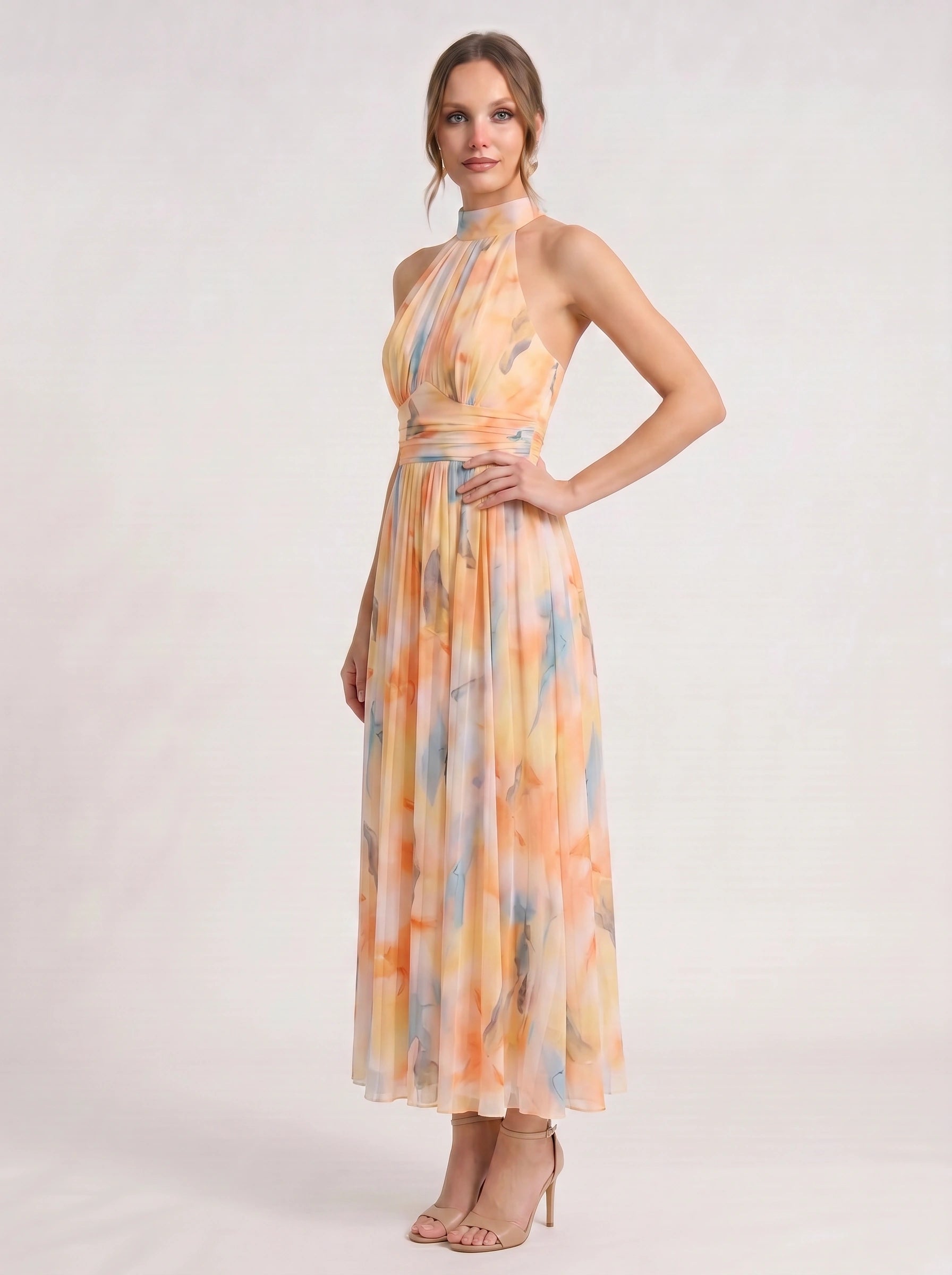 Cielis Halter Plunge Maxi Dress – Pastel Watercolor Multicolor Halter Women Summer Wedding Guest Maxi Dress