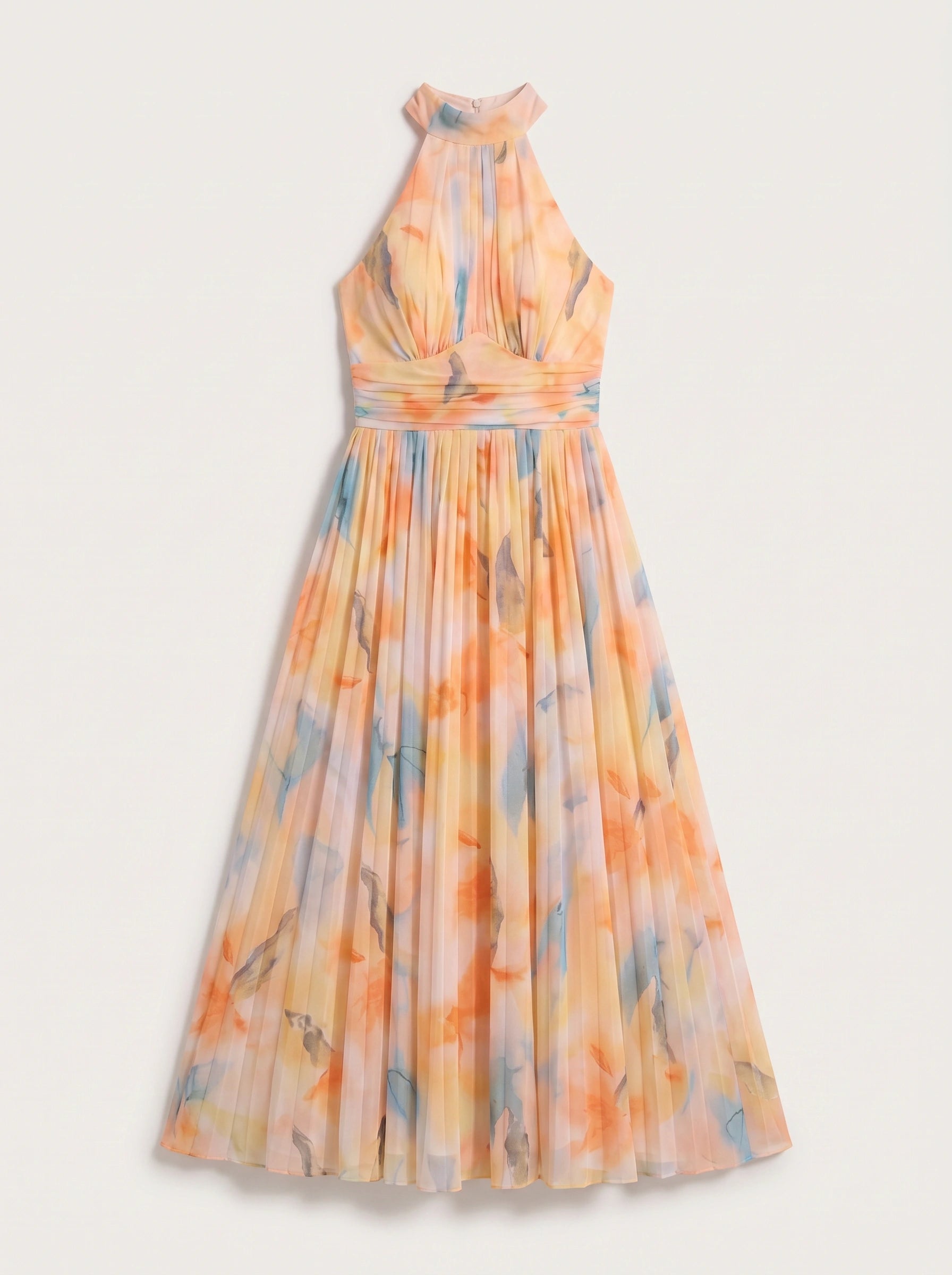 Cielis Halter Plunge Maxi Dress – Pastel Watercolor Multicolor Halter Women Summer Wedding Guest Maxi Dress