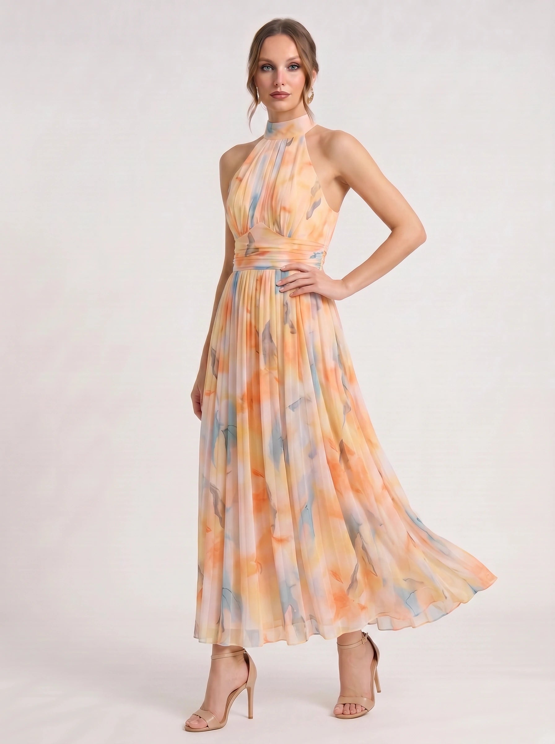 Cielis Halter Plunge Maxi Dress – Pastel Watercolor Multicolor Halter Women Summer Wedding Guest Maxi Dress