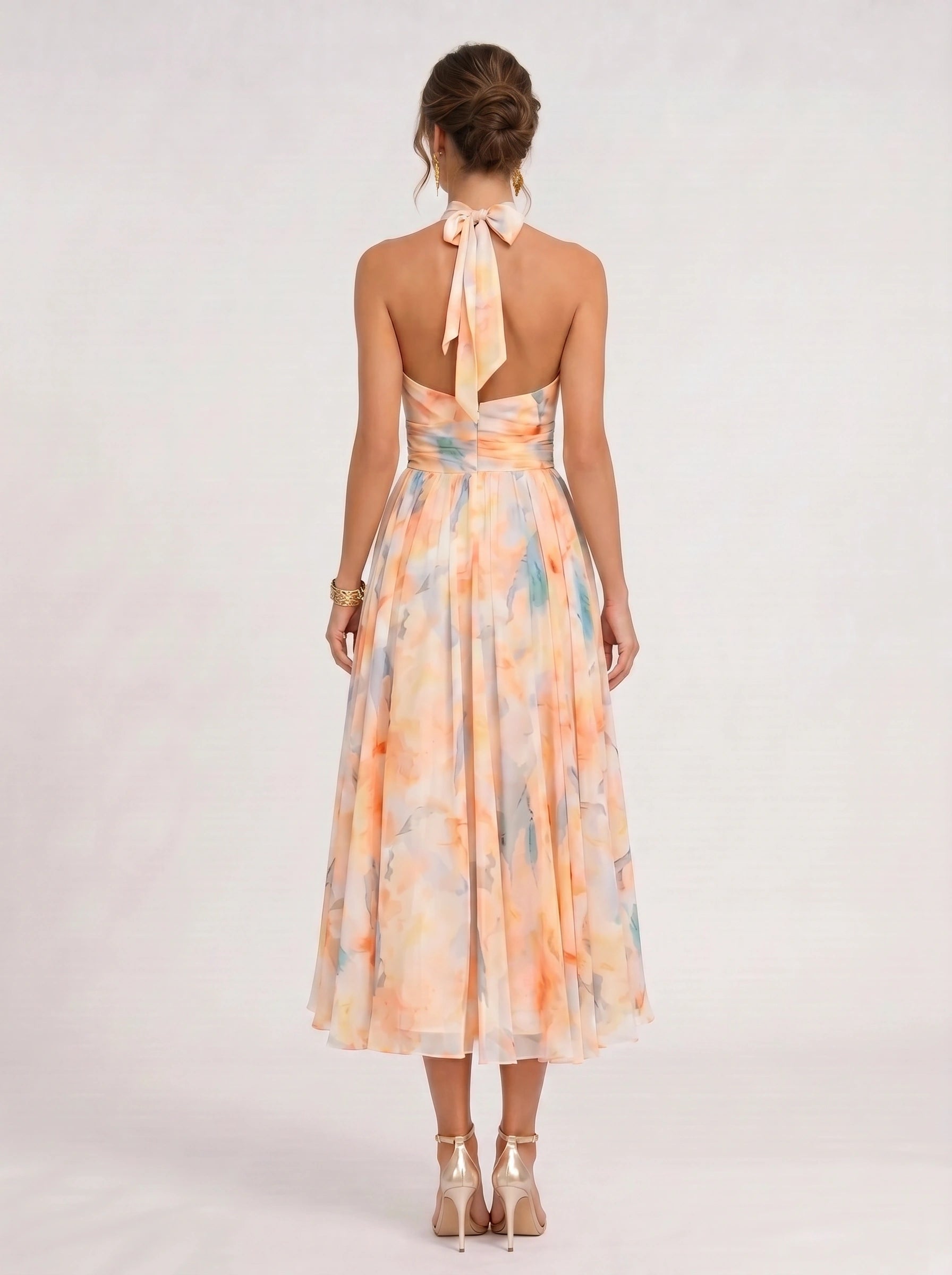 Cielis Halter Plunge Maxi Dress – Pastel Watercolor Multicolor Halter Women Summer Wedding Guest Maxi Dress