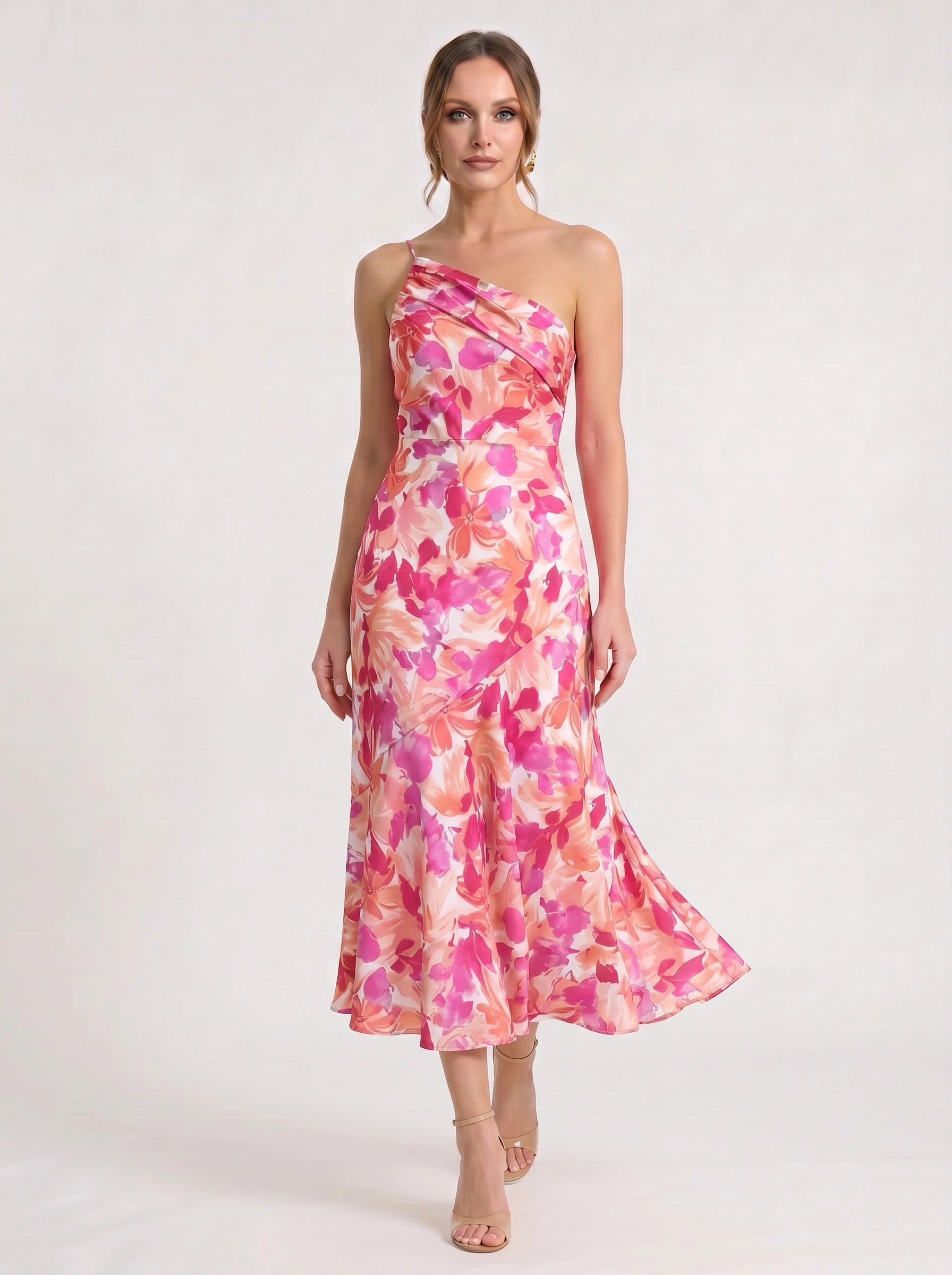 Fioretta One-Shoulder Floral Midi Dress – Women Formal Wedding Guest Floral Midi Dress Ladies Summer