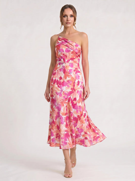 Fioretta One-Shoulder Floral Midi Dress – Women Formal Wedding Guest Floral Midi Dress Ladies Summer