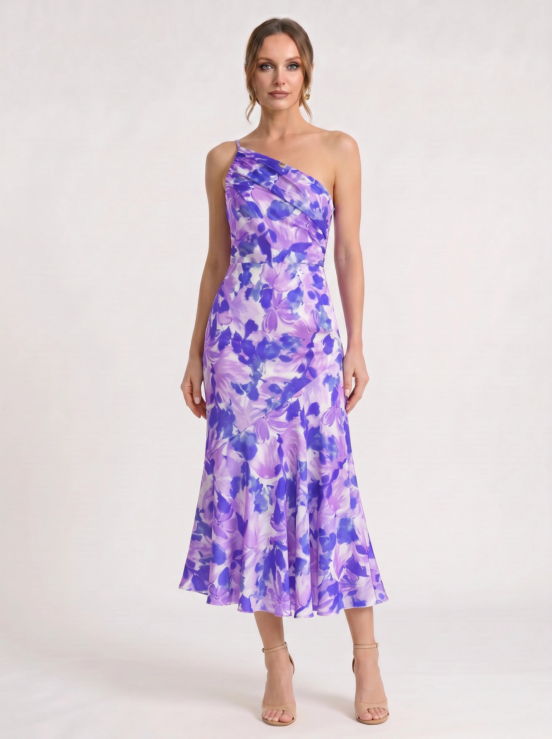 Fioretta One-Shoulder Floral Midi Dress – Women Formal Wedding Guest Floral Midi Dress Ladies Summer