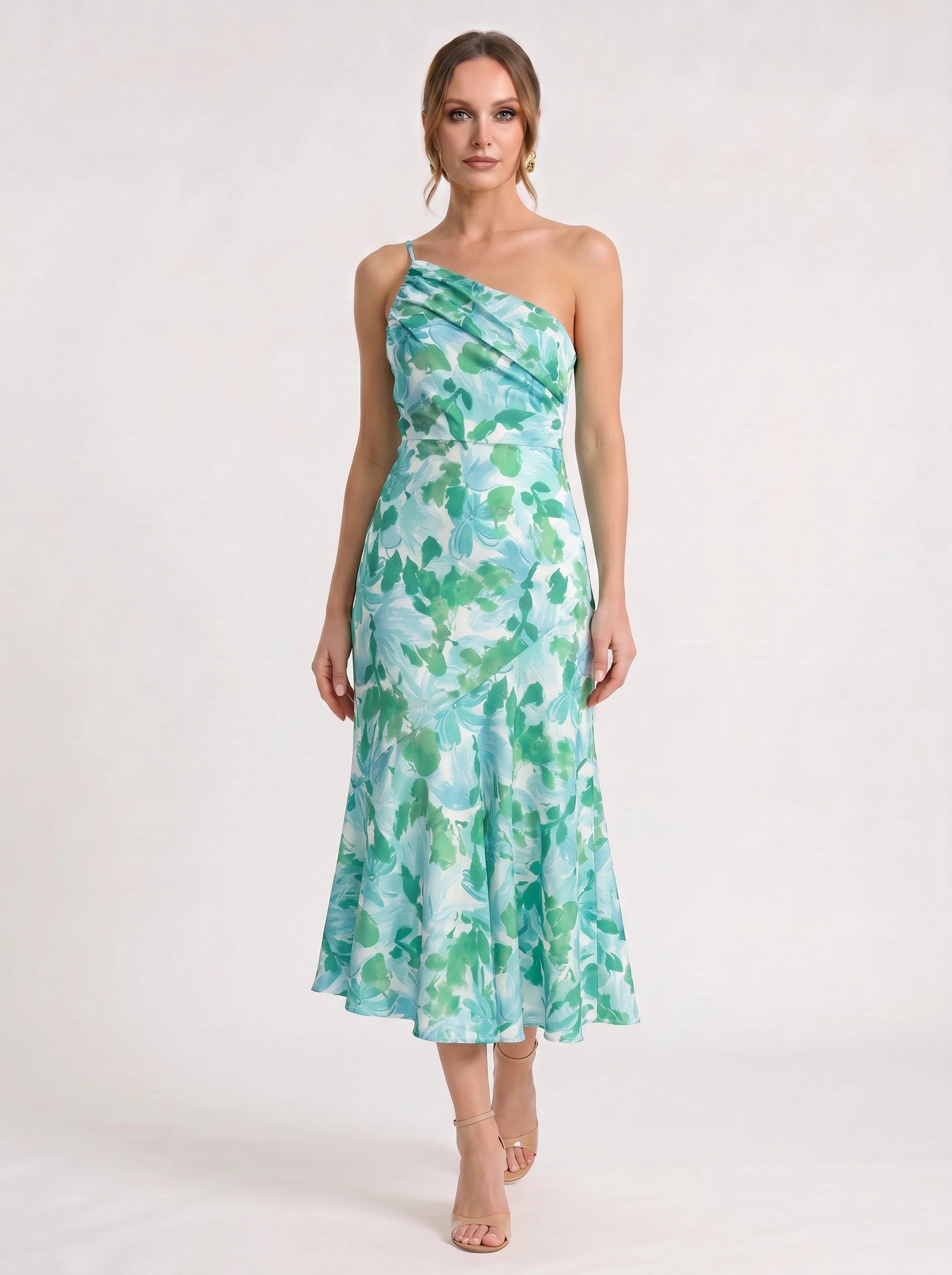 Fioretta One-Shoulder Floral Midi Dress – Women Formal Wedding Guest Floral Midi Dress Ladies Summer