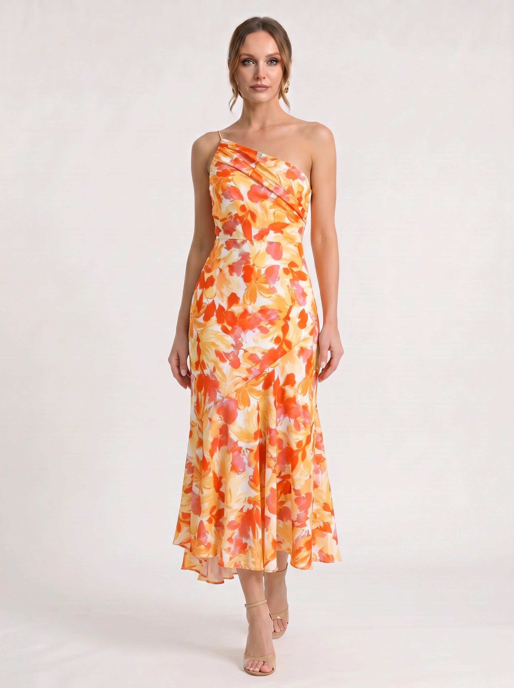 Fioretta One-Shoulder Floral Midi Dress – Women Formal Wedding Guest Floral Midi Dress Ladies Summer