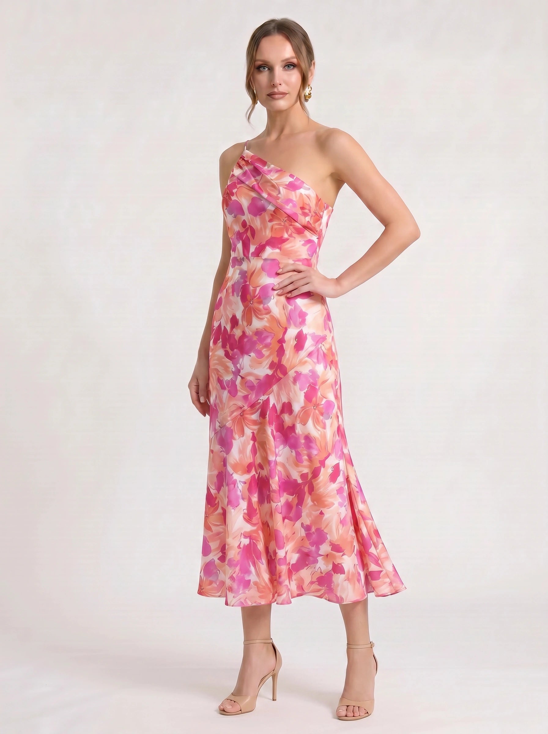 Fioretta One-Shoulder Floral Midi Dress – Women Formal Wedding Guest Floral Midi Dress Ladies Summer