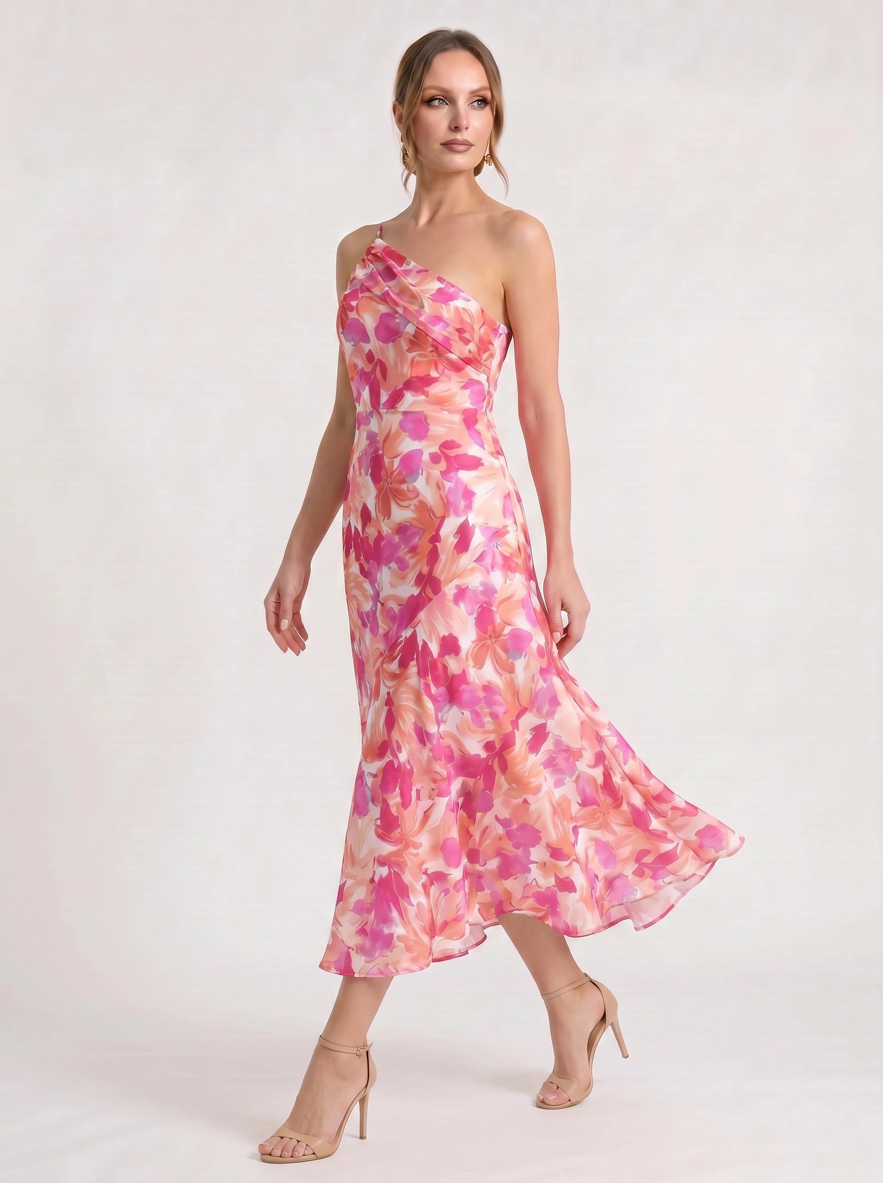 Fioretta One-Shoulder Floral Midi Dress – Women Formal Wedding Guest Floral Midi Dress Ladies Summer