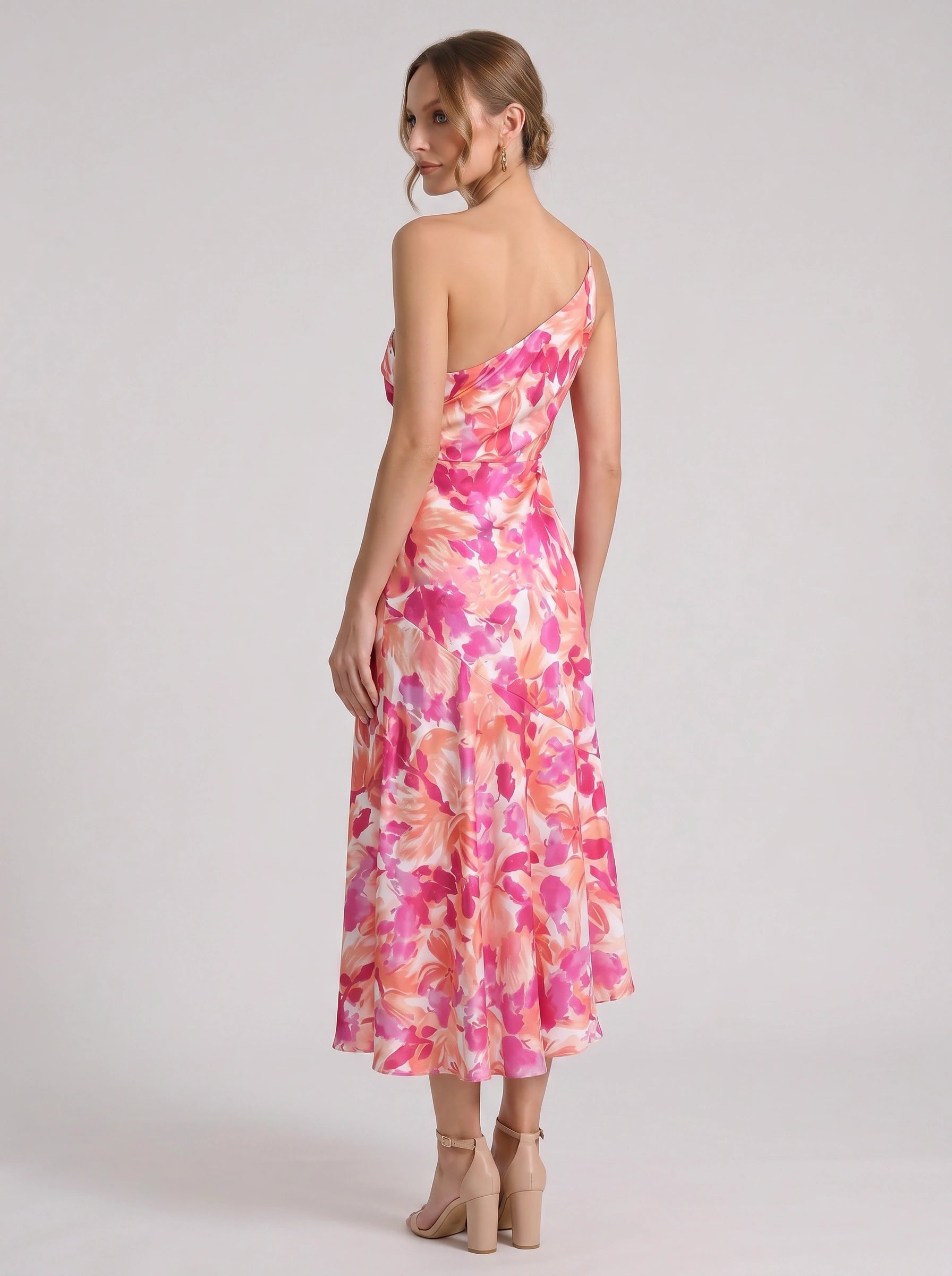Fioretta One-Shoulder Floral Midi Dress – Women Formal Wedding Guest Floral Midi Dress Ladies Summer