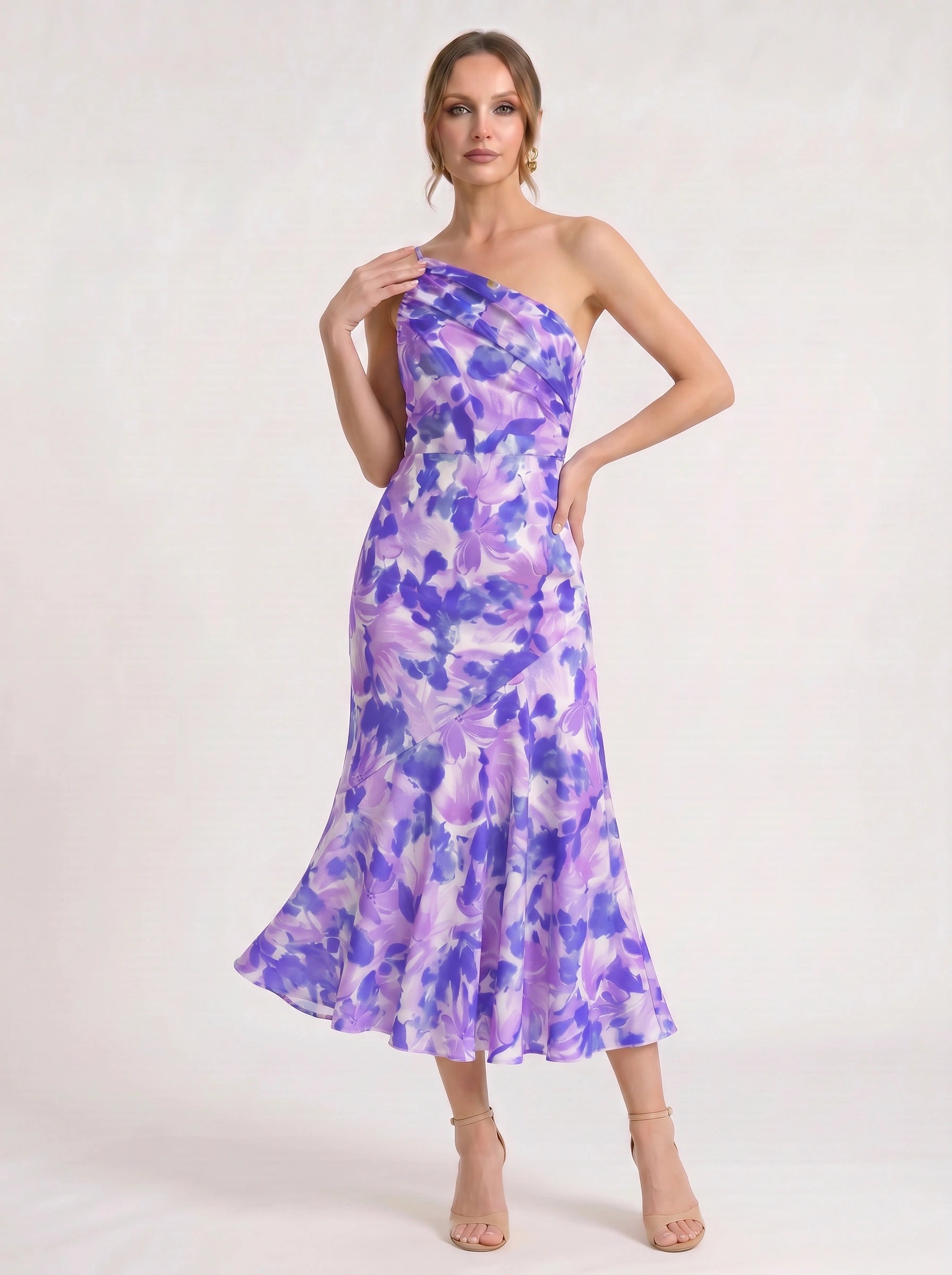Fioretta One-Shoulder Floral Midi Dress – Women Formal Wedding Guest Floral Midi Dress Ladies Summer