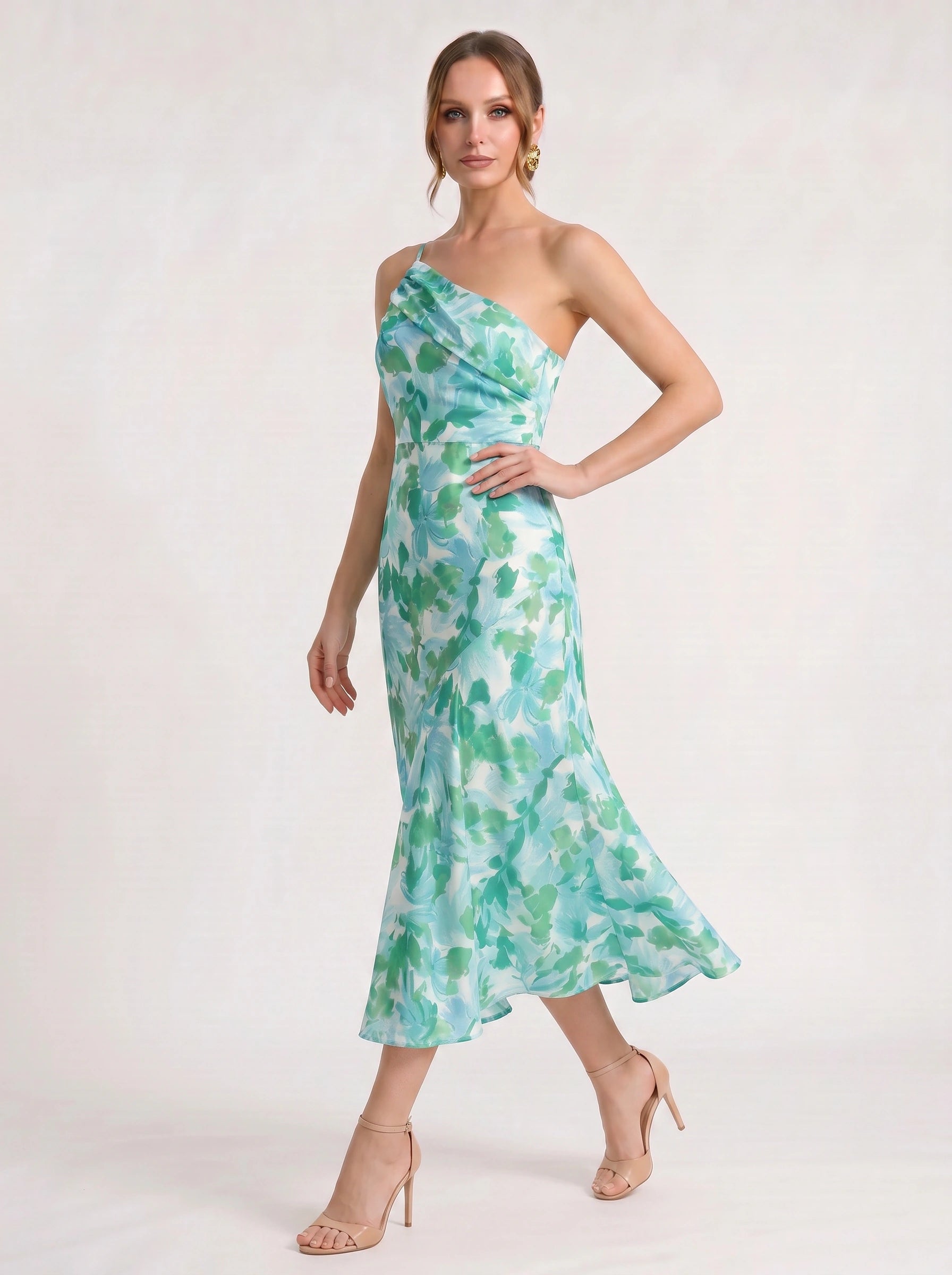Fioretta One-Shoulder Floral Midi Dress – Women Formal Wedding Guest Floral Midi Dress Ladies Summer