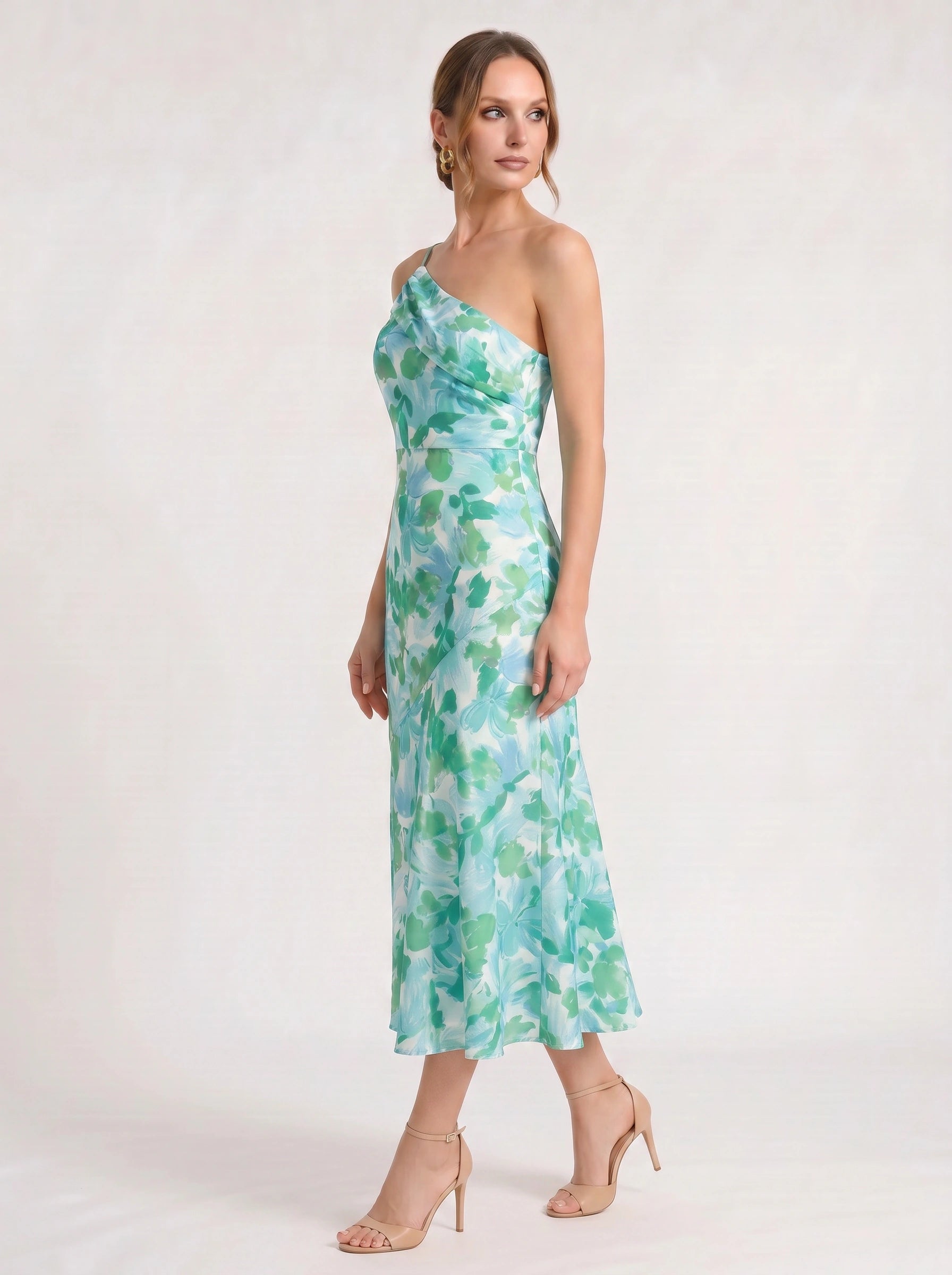 Fioretta One-Shoulder Floral Midi Dress – Women Formal Wedding Guest Floral Midi Dress Ladies Summer