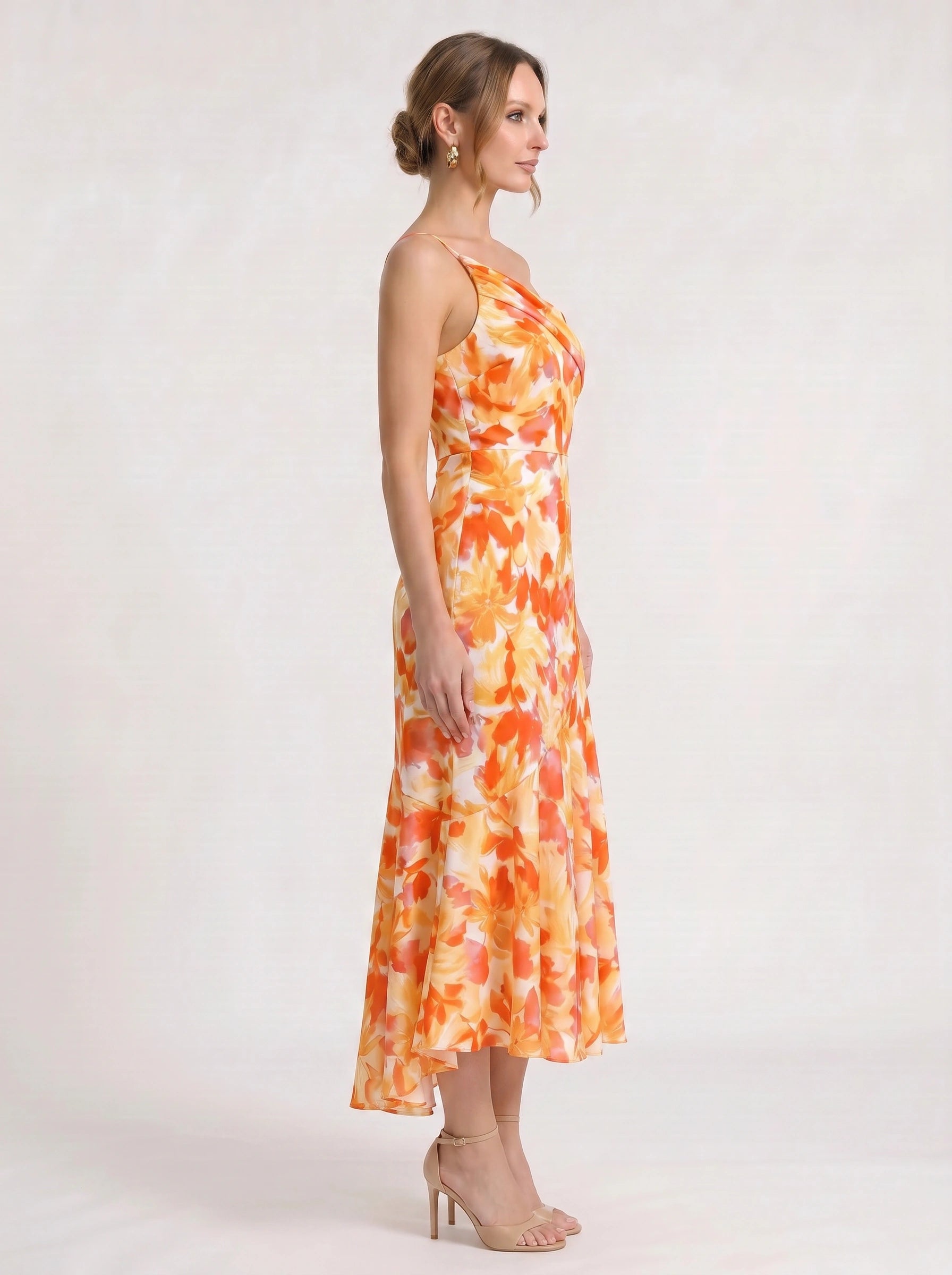 Fioretta One-Shoulder Floral Midi Dress – Women Formal Wedding Guest Floral Midi Dress Ladies Summer
