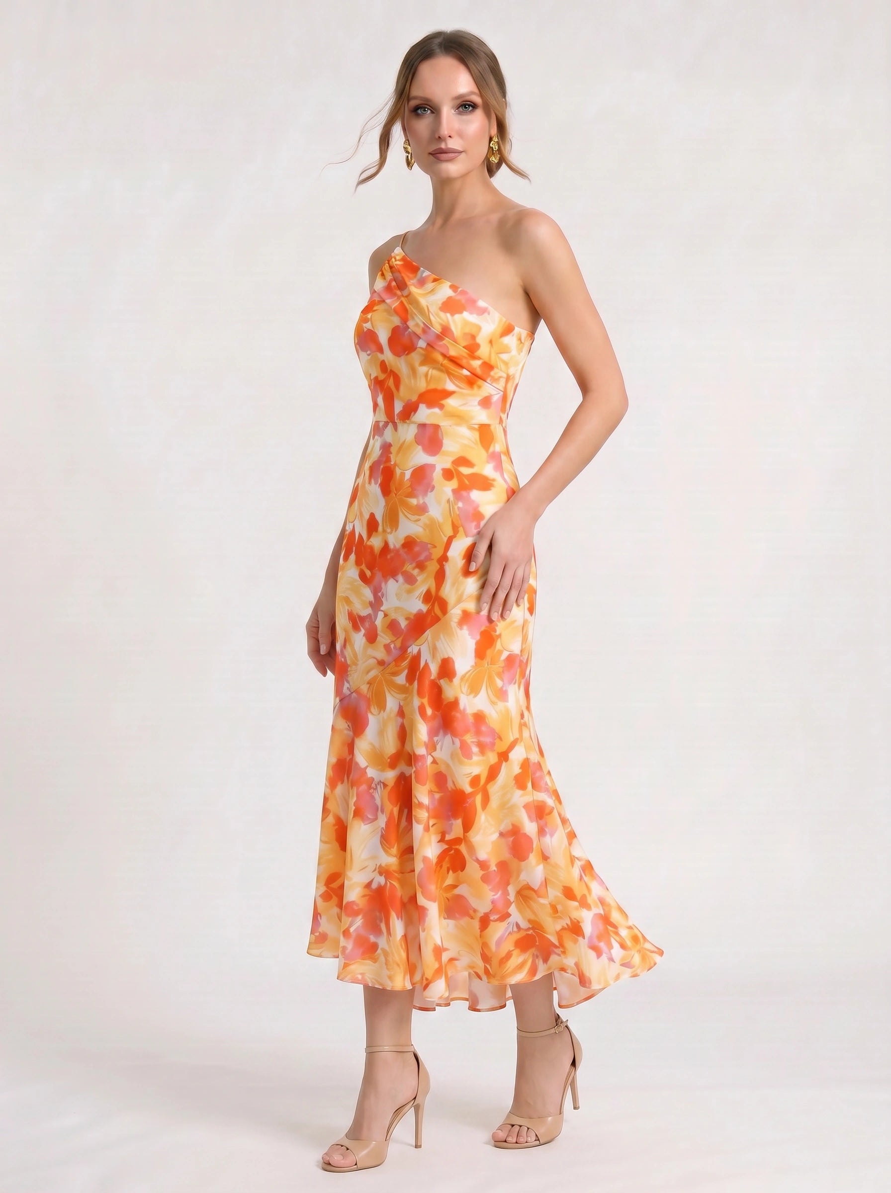 Fioretta One-Shoulder Floral Midi Dress – Women Formal Wedding Guest Floral Midi Dress Ladies Summer