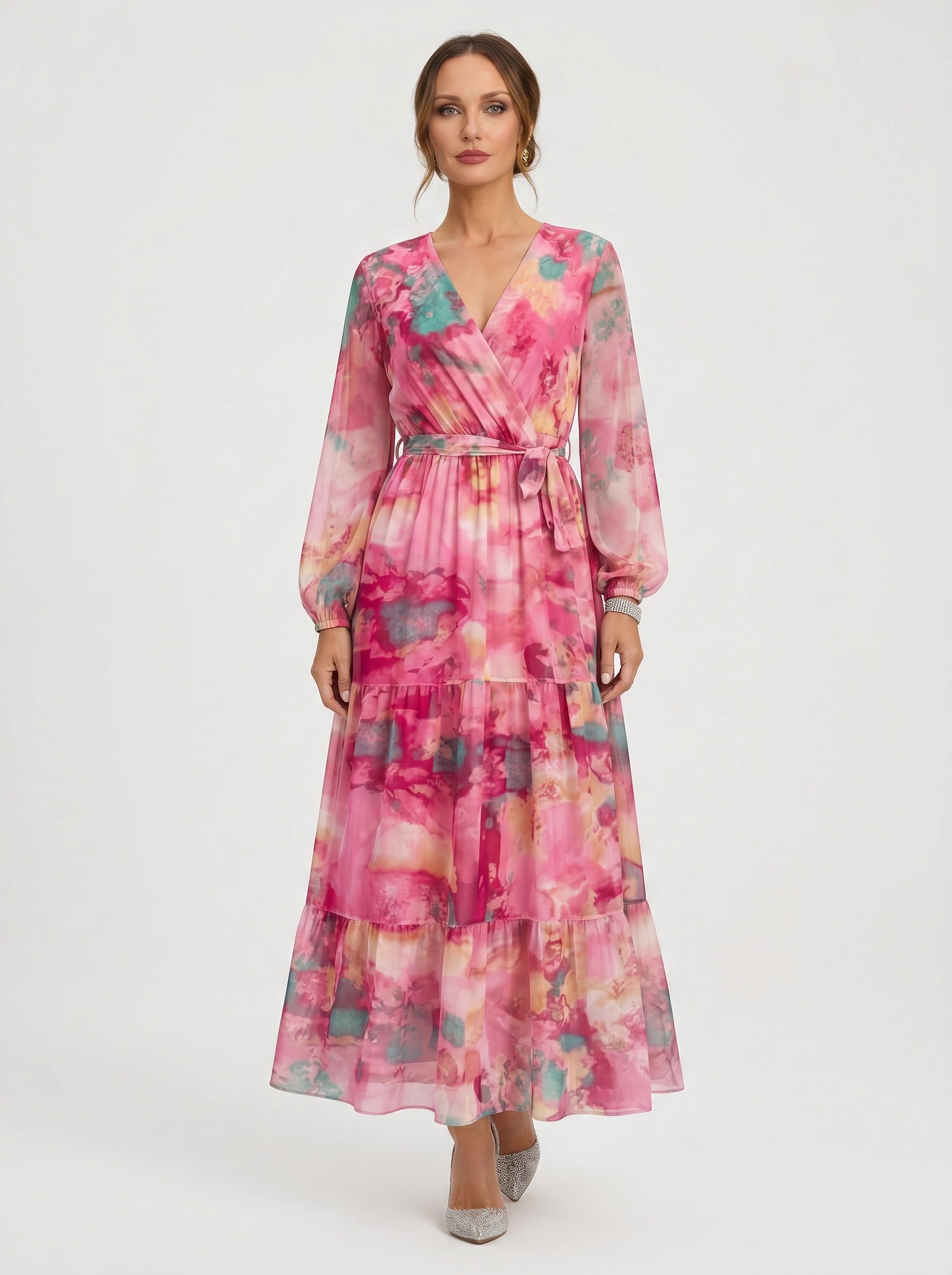 Aquarosa Tiered Wrap Maxi Dress – Pink Floral Watercolor Summer Wedding Guest Formal Cocktail Women Maxi Dress