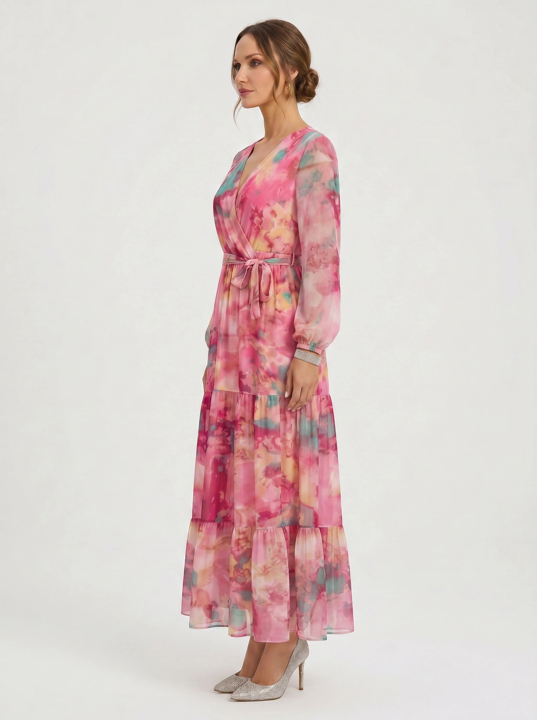 Aquarosa Tiered Wrap Maxi Dress – Pink Floral Watercolor Summer Wedding Guest Formal Cocktail Women Maxi Dress