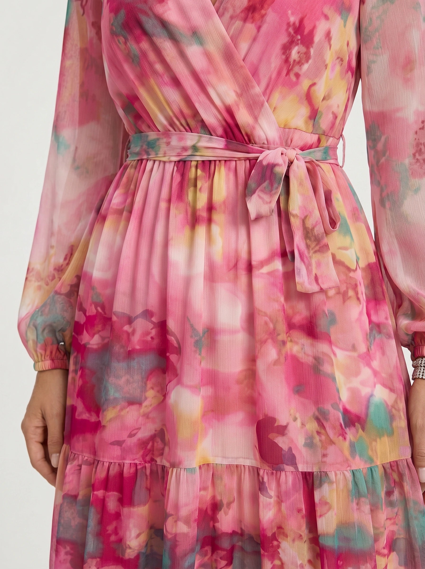Aquarosa Tiered Wrap Maxi Dress – Pink Floral Watercolor Summer Wedding Guest Formal Cocktail Women Maxi Dress
