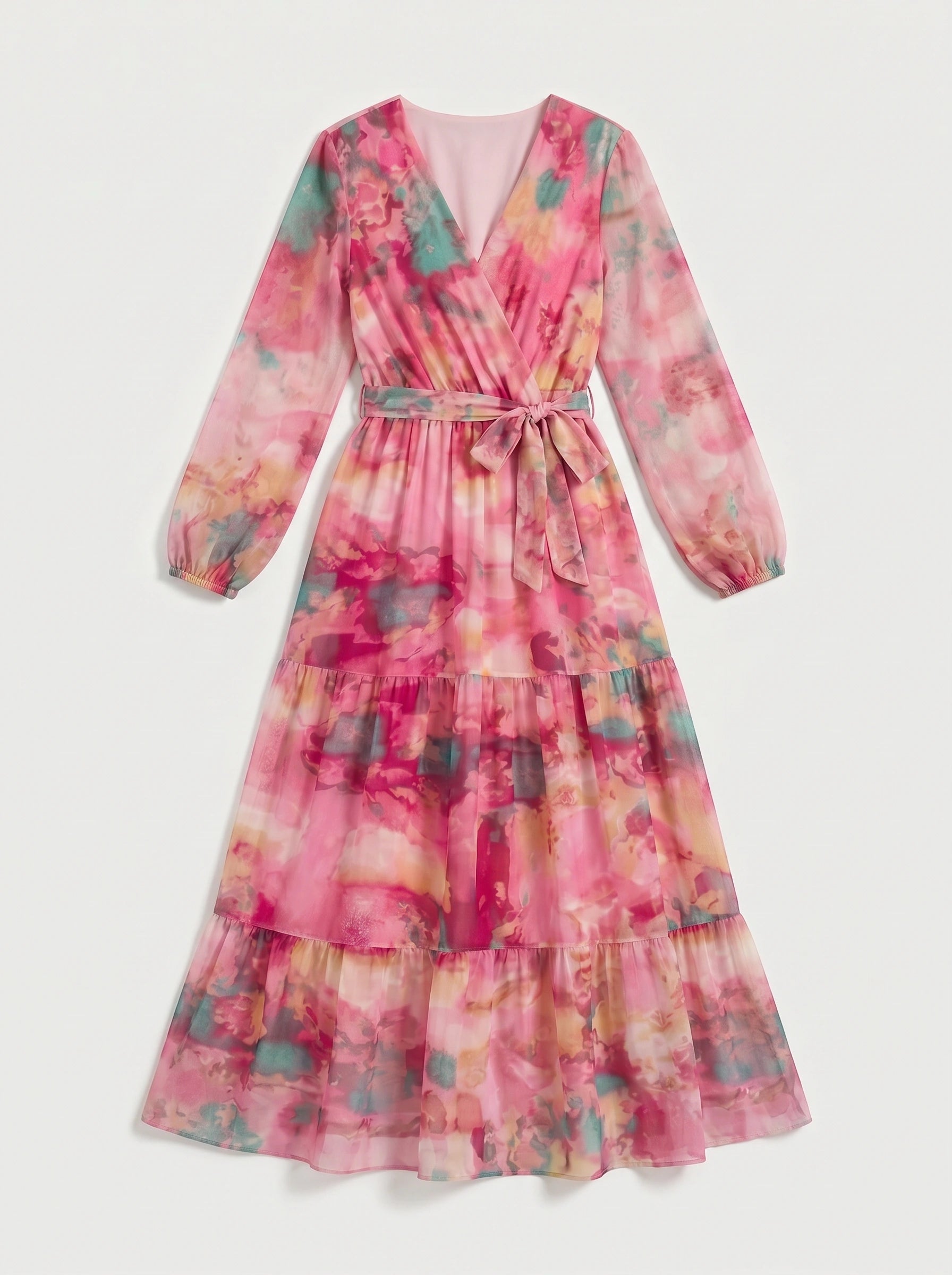 Aquarosa Tiered Wrap Maxi Dress – Pink Floral Watercolor Summer Wedding Guest Formal Cocktail Women Maxi Dress