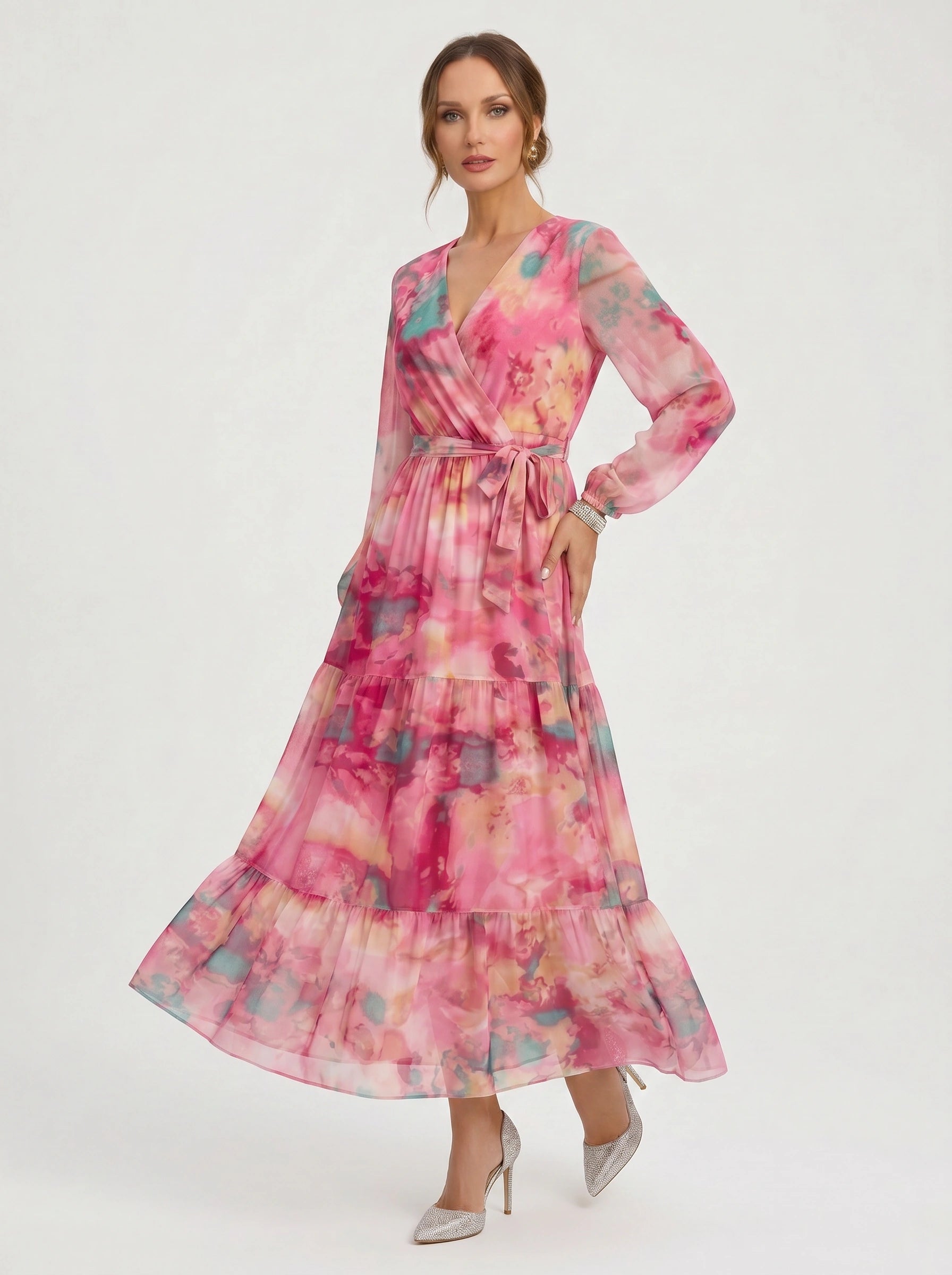 Aquarosa Tiered Wrap Maxi Dress – Pink Floral Watercolor Summer Wedding Guest Formal Cocktail Women Maxi Dress