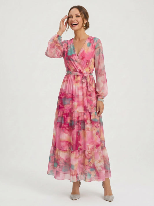 Aquarosa Tiered Wrap Maxi Dress – Pink Floral Watercolor Summer Wedding Guest Formal Cocktail Women Maxi Dress