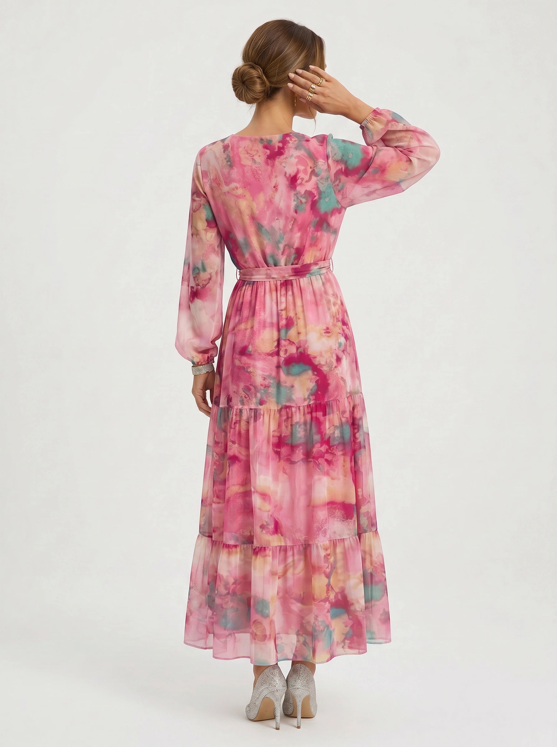 Aquarosa Tiered Wrap Maxi Dress – Pink Floral Watercolor Summer Wedding Guest Formal Cocktail Women Maxi Dress